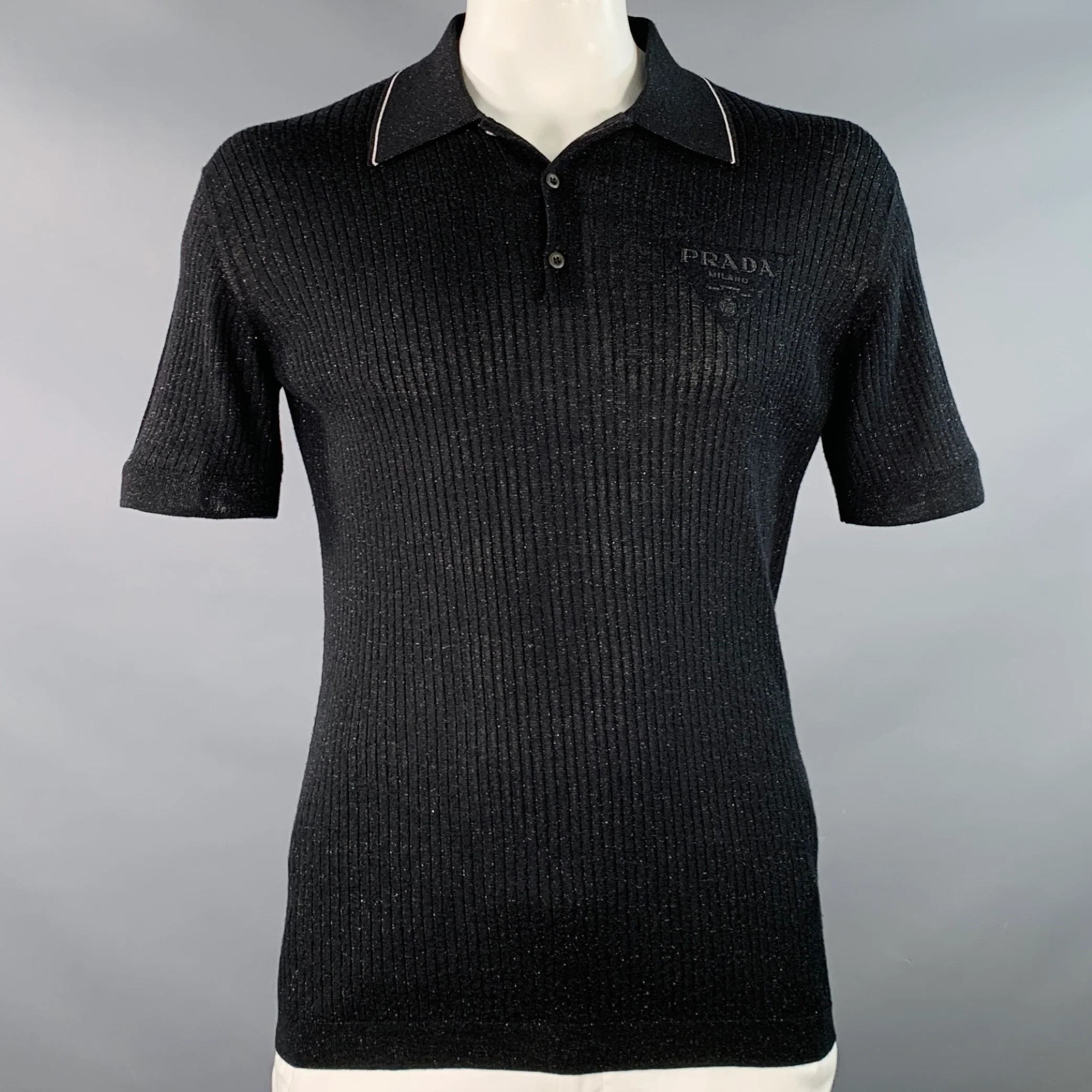 PRADA Size L Black Gold Shimmer Rib Knit Cashmere Blend Short Sleeve Polo