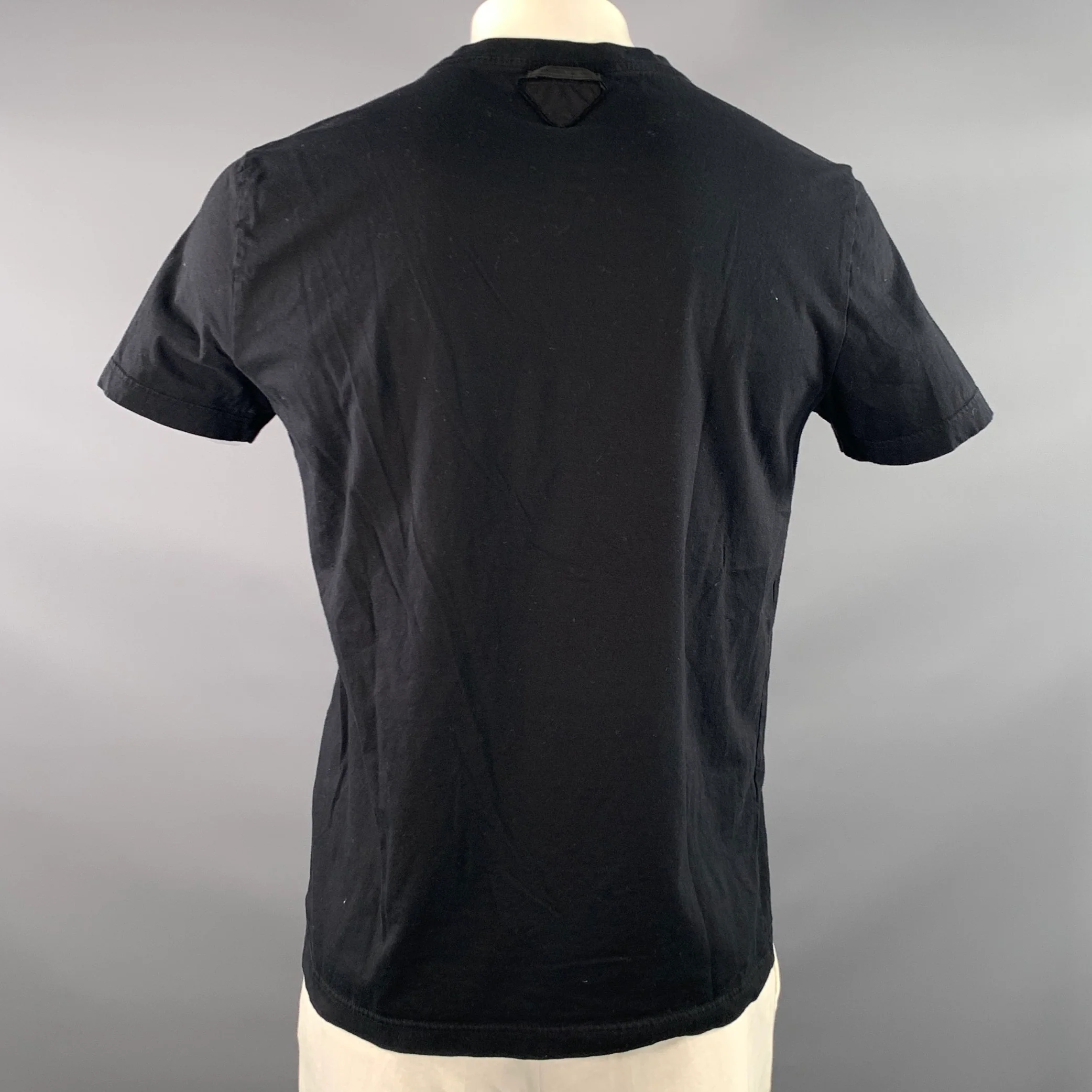 PRADA Size L Black Patchwork Cotton Crew-Neck T-shirt - Image 3