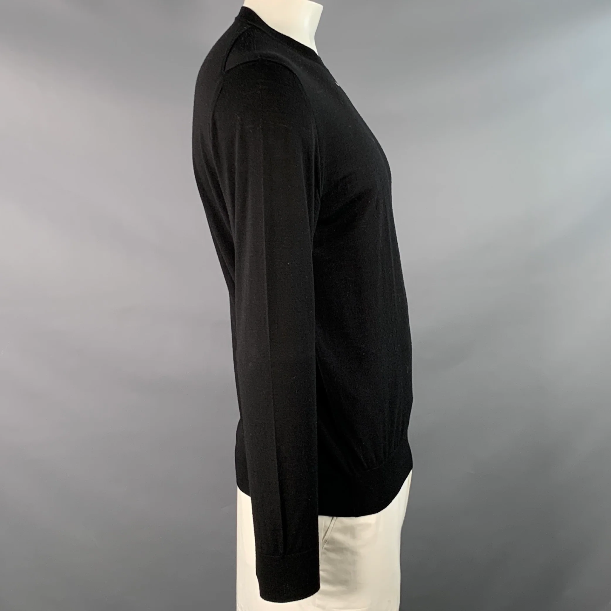 PRADA Size L Black White Jersey Logo Wool Long Sleeve Pullover - Image 3