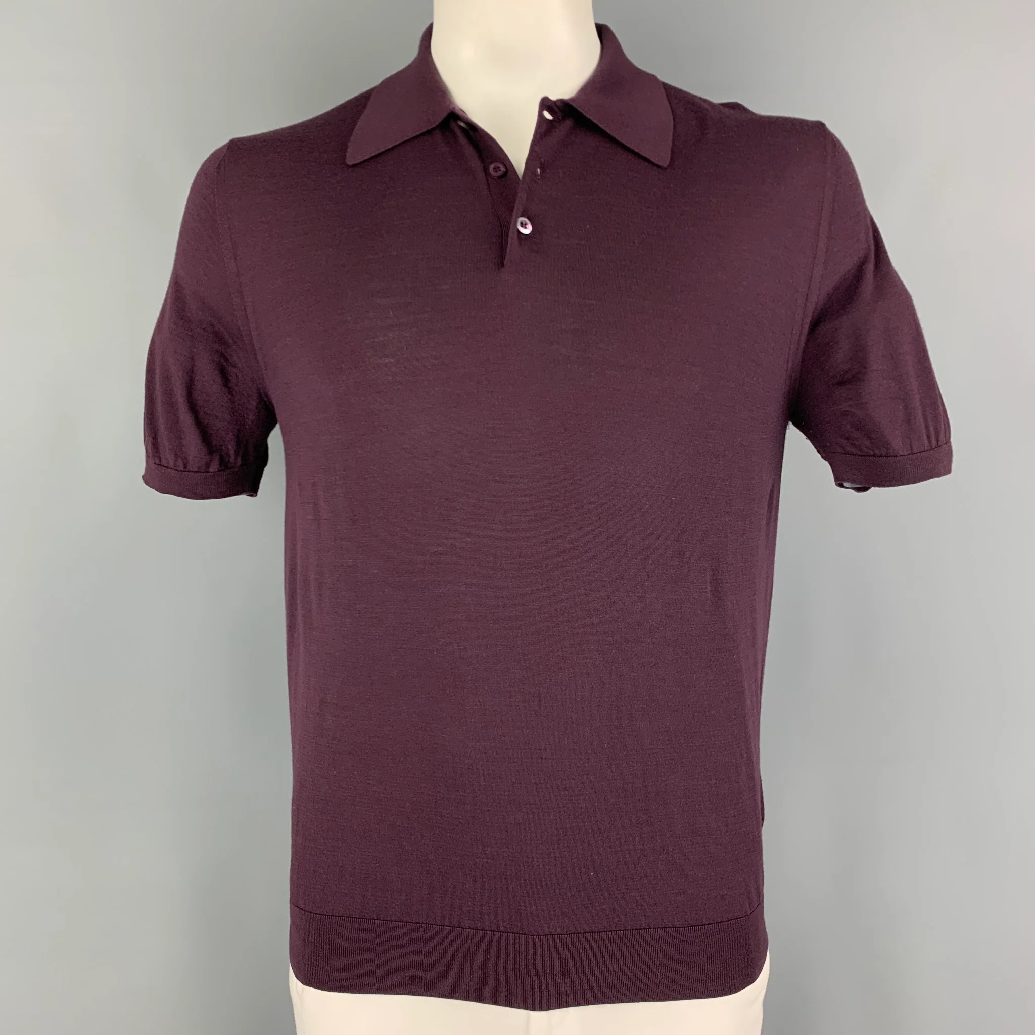 PRADA Size L Eggplant Knitted Wool Buttoned Polo