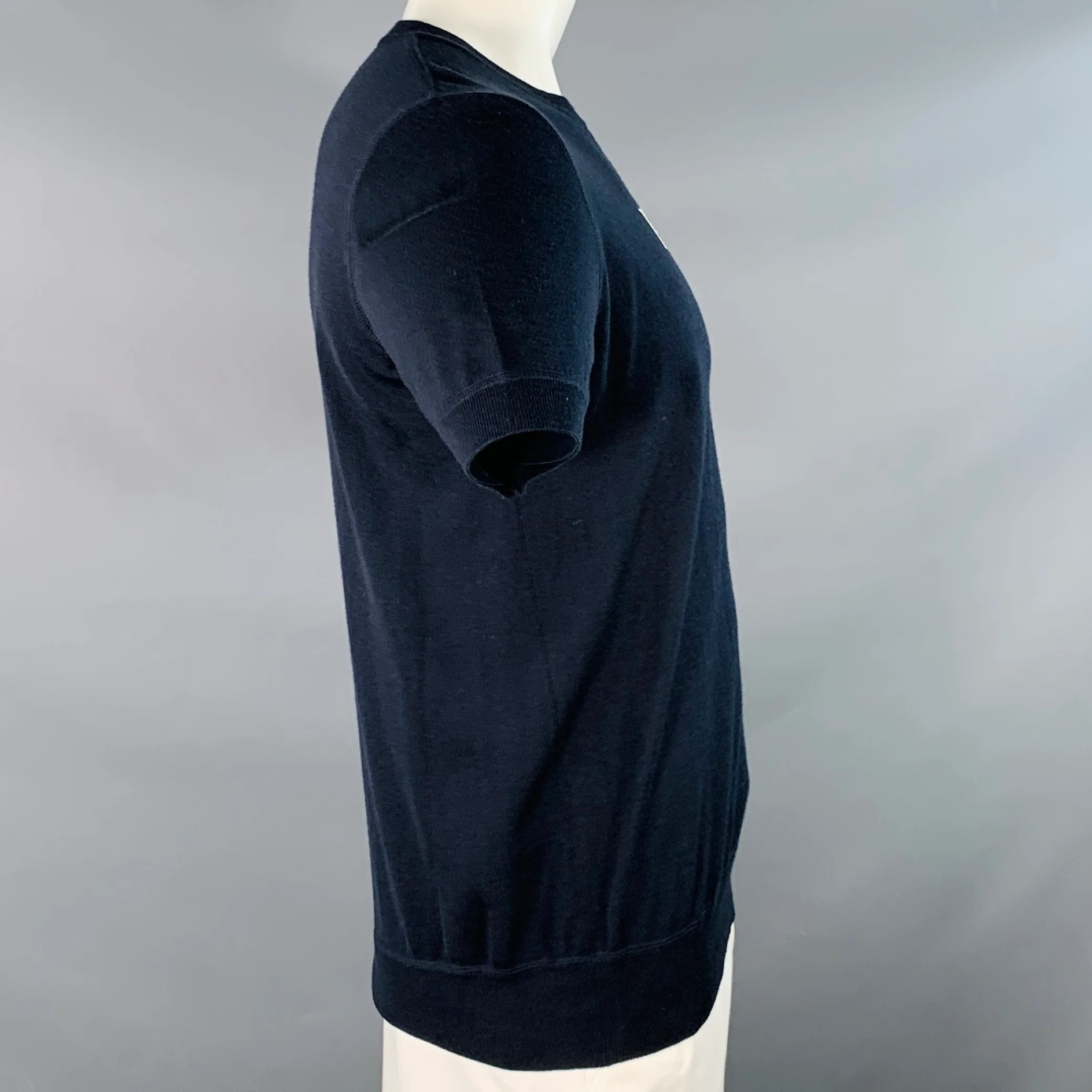 PRADA Size L Navy White Logo Cashmere Wool Jersey Short Sleeve Crew Neck Pullover - Image 3
