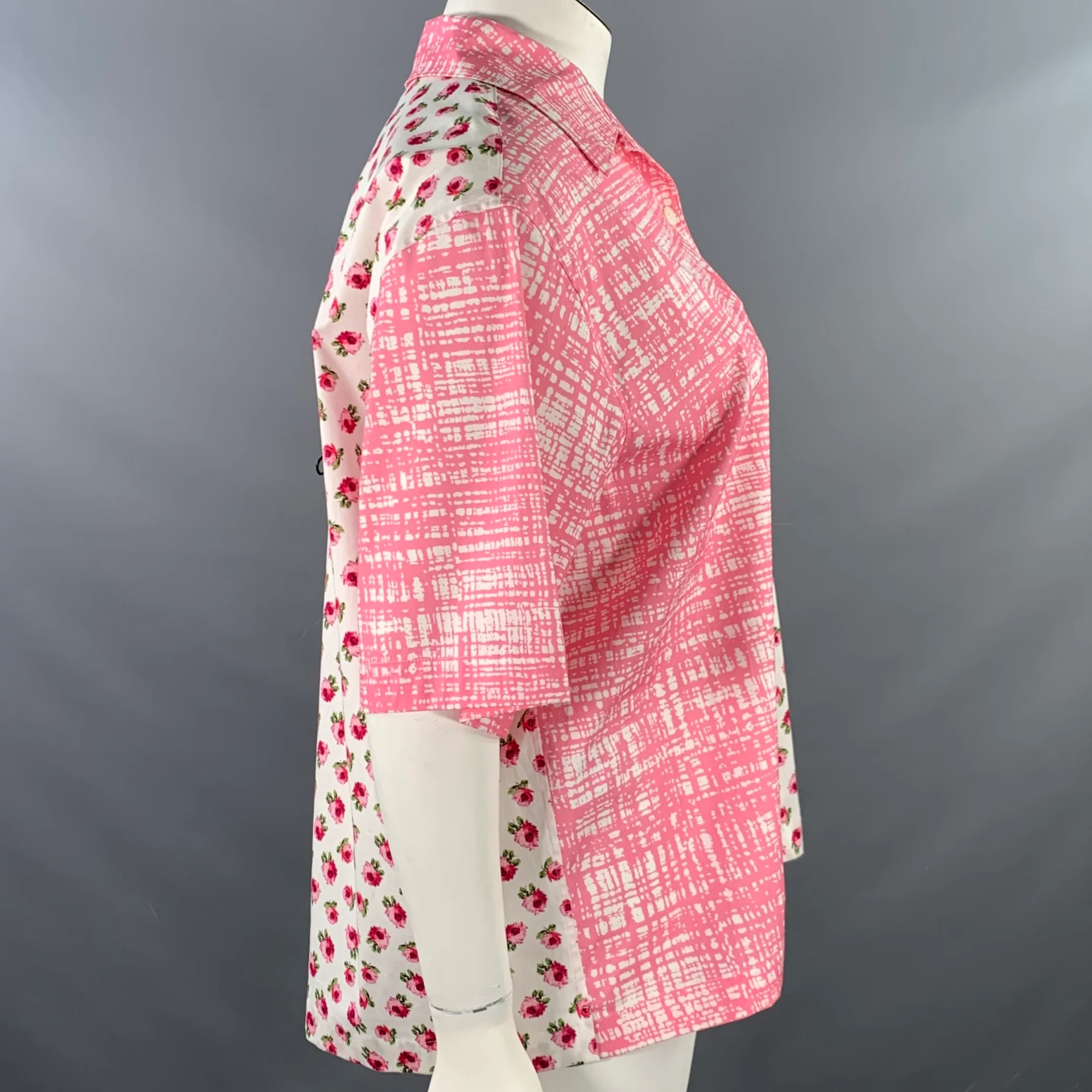 PRADA Size L Pink White Mixed Fabrics Floral Crosshatch One Pocket Camp Shirt - Image 4