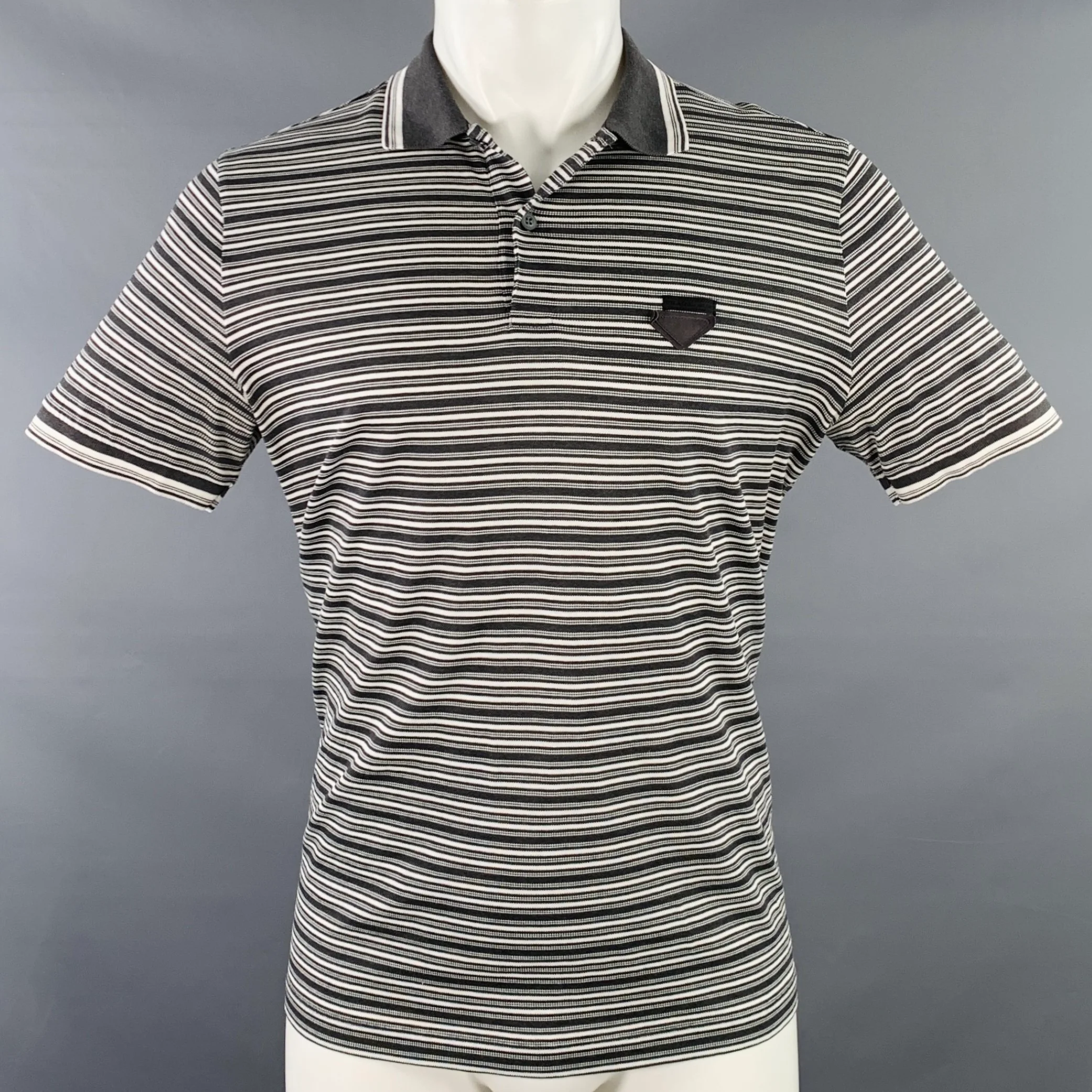 PRADA Size M Grey White Stripe Cotton Pique Buttoned Polo