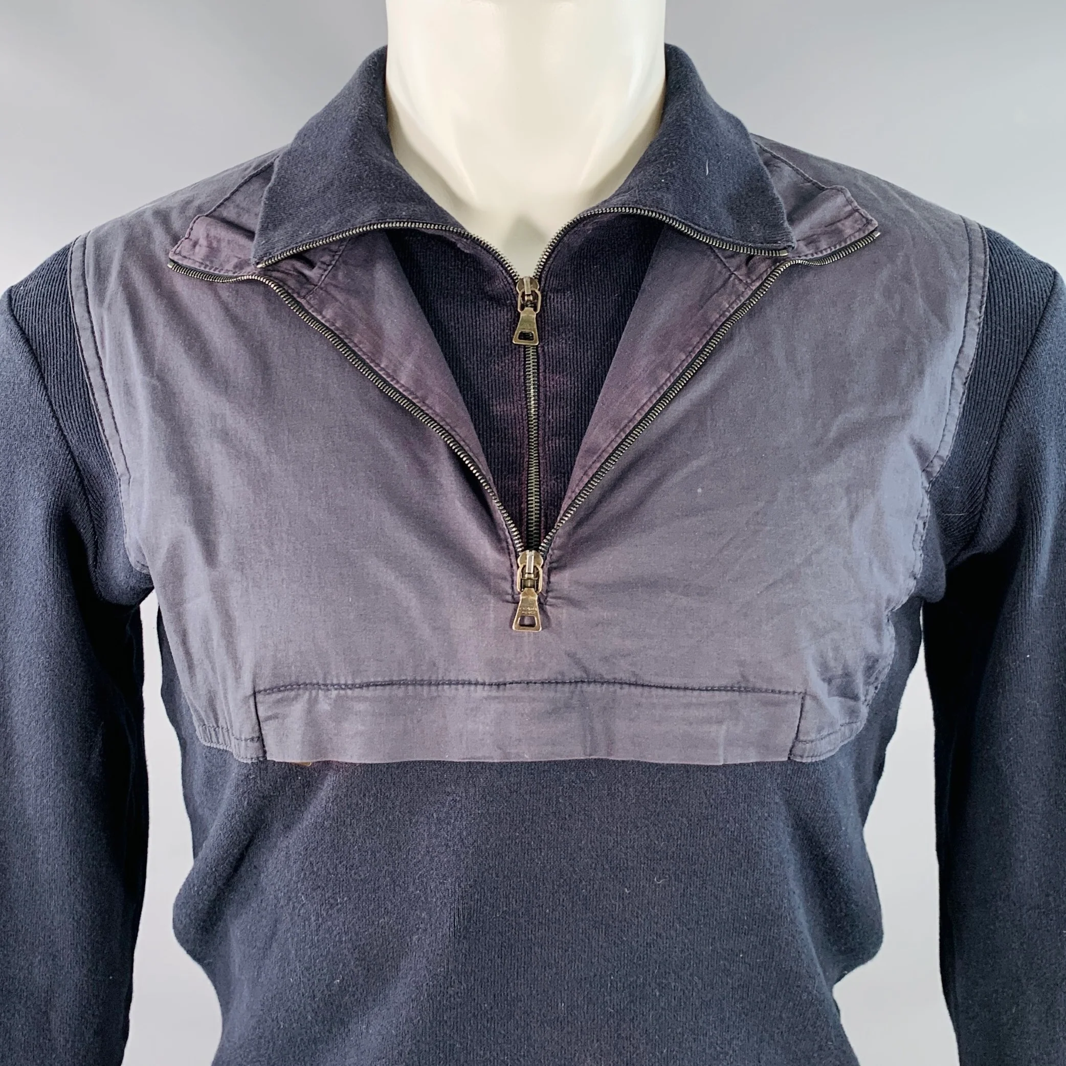 PRADA Size M Navy Cotton Layered 1/4 Zip Pullover - Image 2