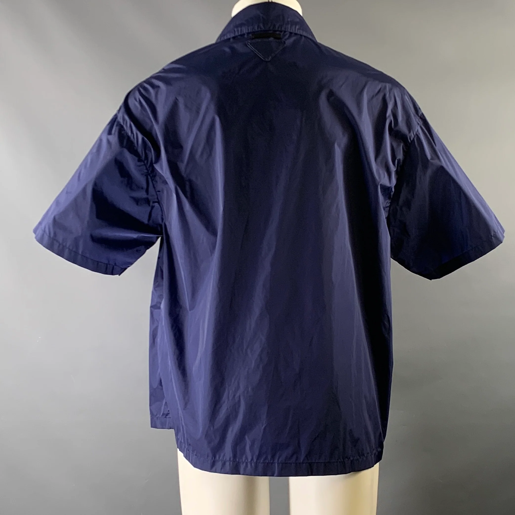 PRADA Size M Navy Polyamide Snaps Short Sleeve Shirt - Image 4