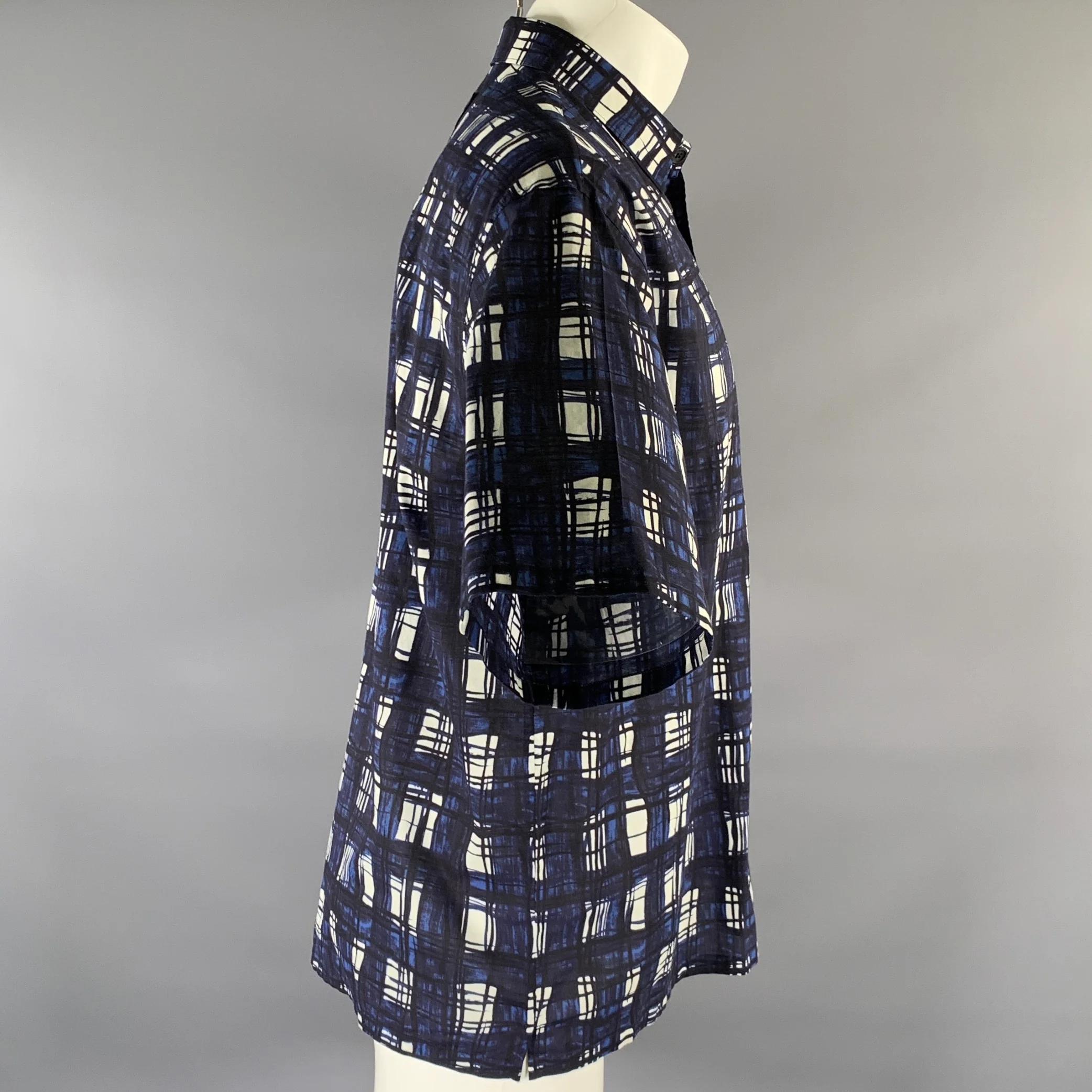 PRADA Size M Navy White & Black Tartan Cotton Cropped Short Sleeve Shirt - Image 3