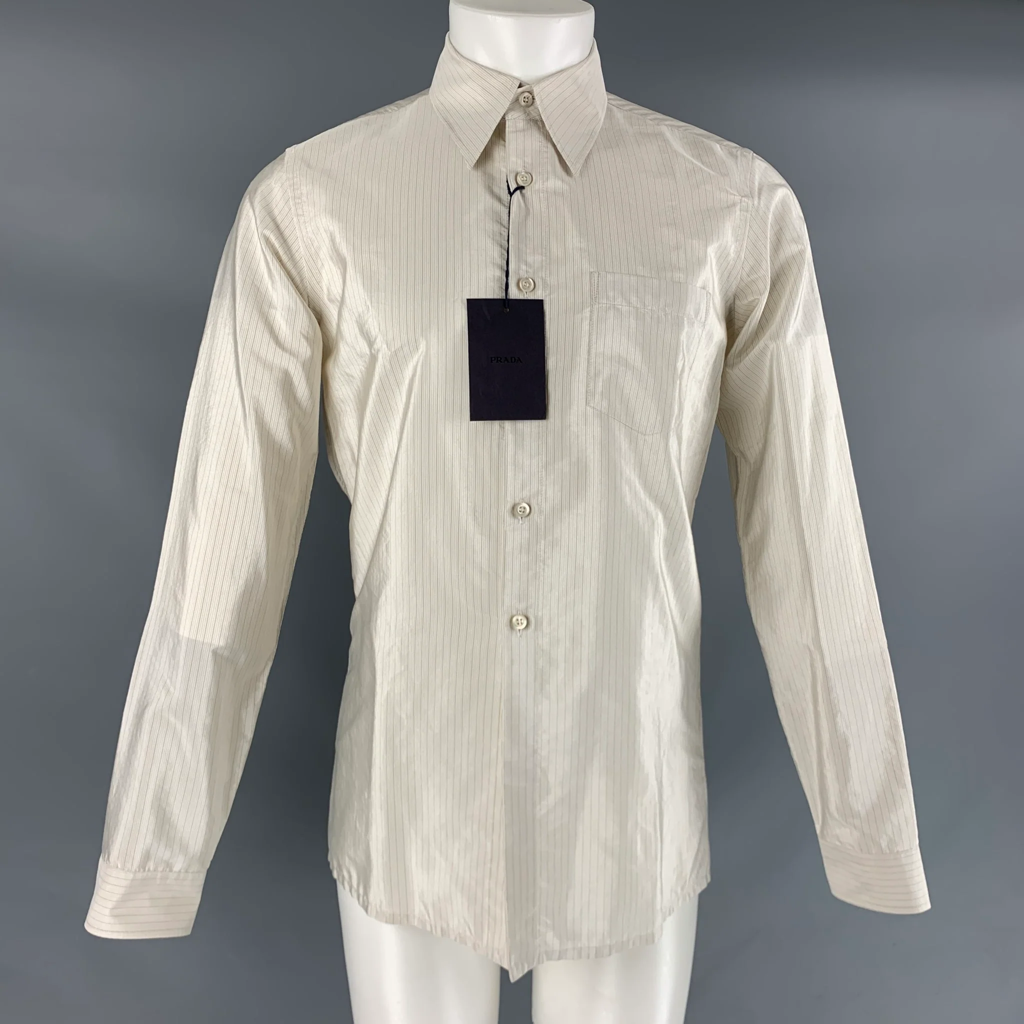 PRADA Size S Beige Stripe Silk Button Up Long Sleeve Shirt