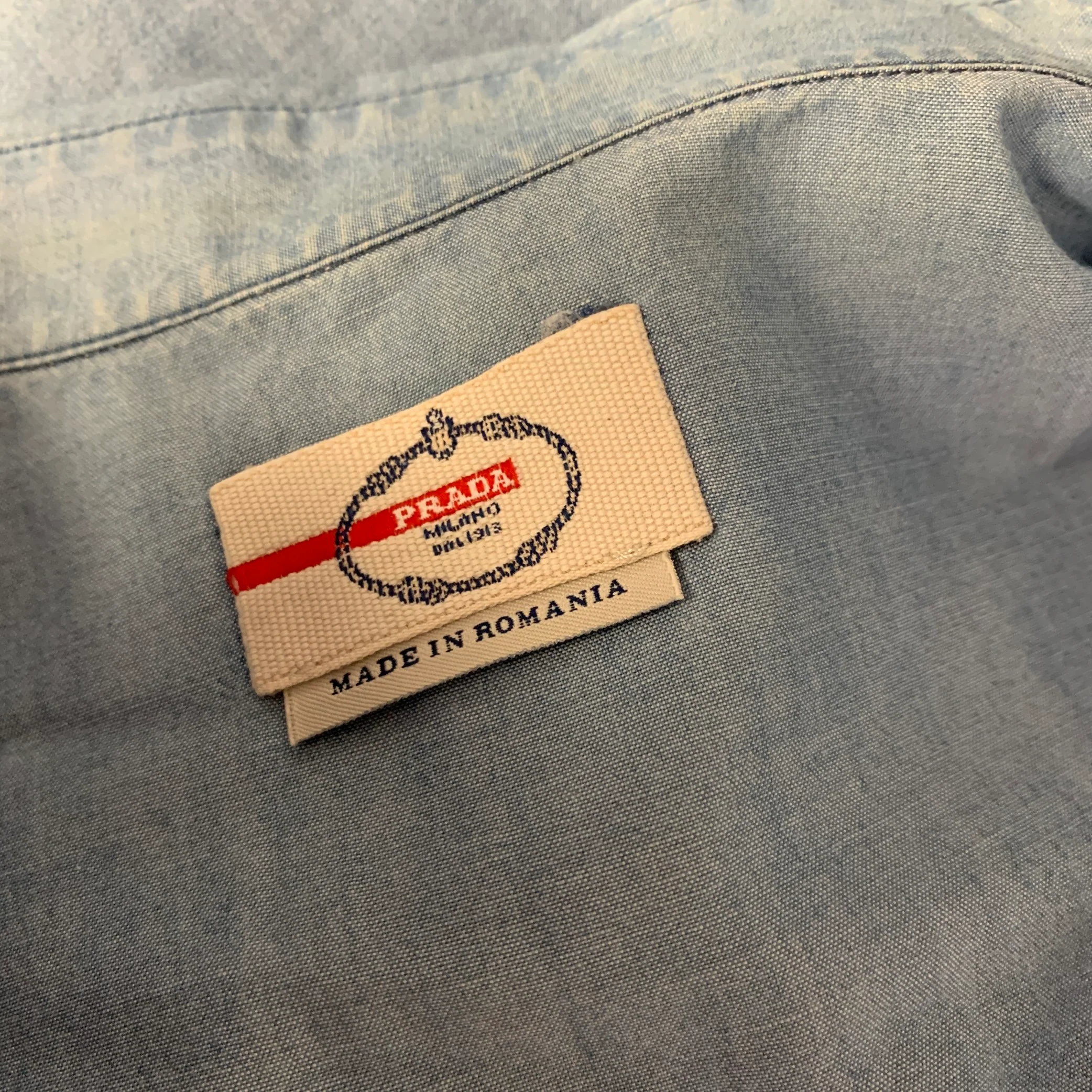 PRADA Size S Blue Linen Blend Spread Collar Shirt - Image 4