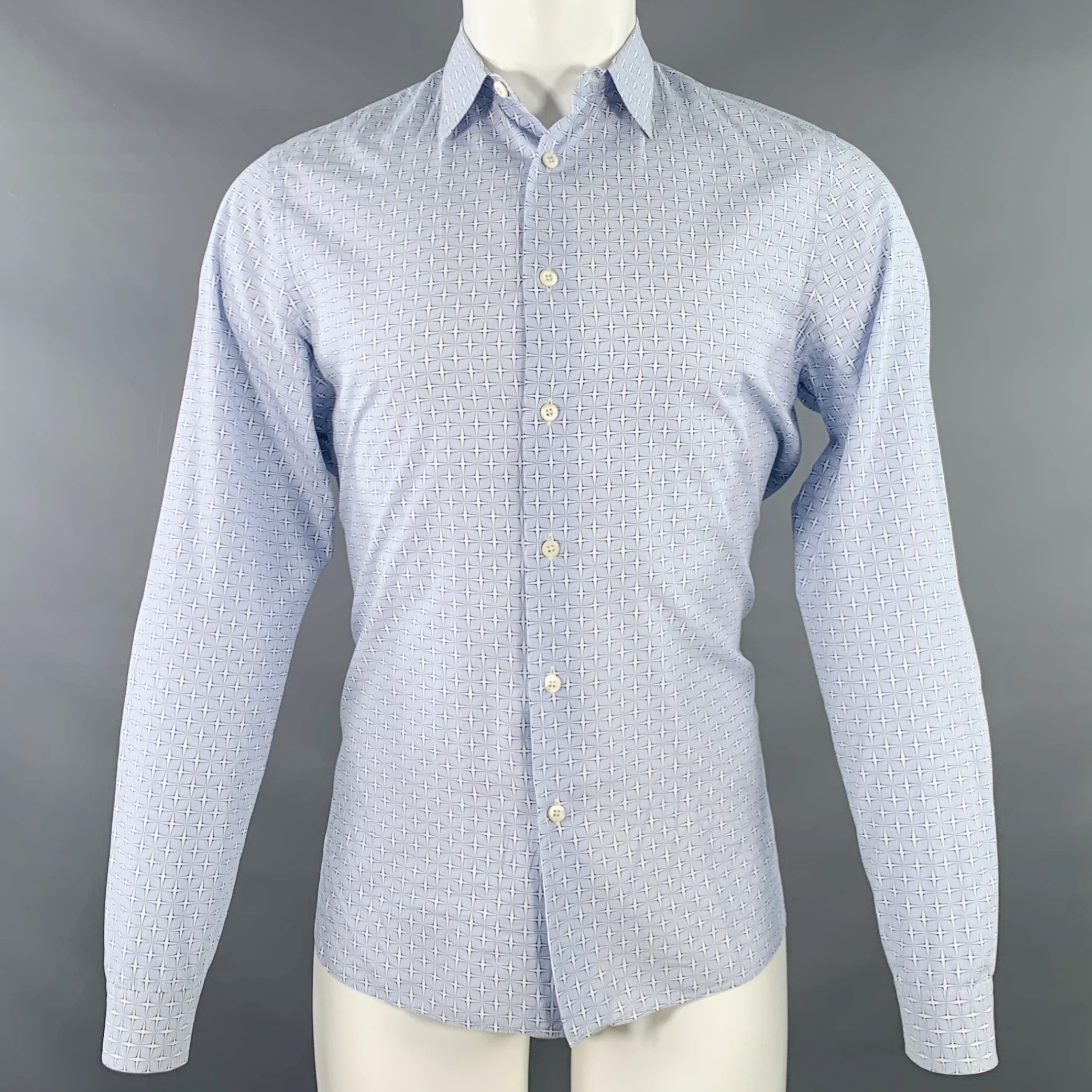 PRADA Size S Blue White Abstract Stars Cotton Button Up Long Sleeve Shirt