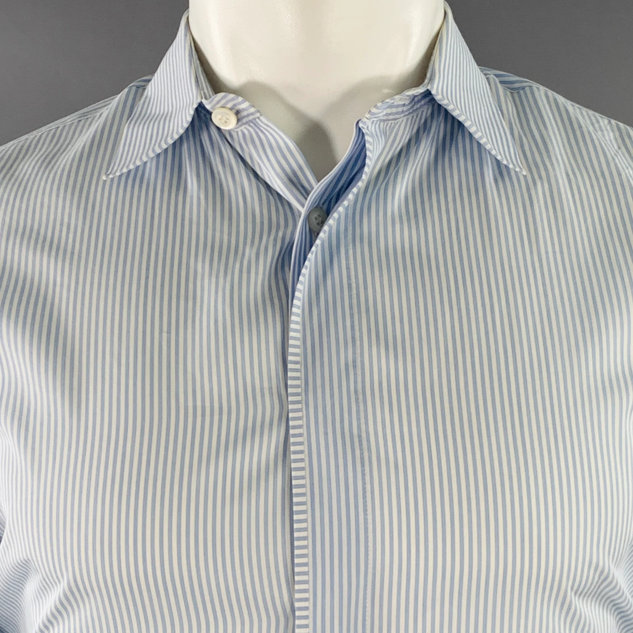 PRADA Size S Blue White Stripe Cotton Hidden Buttons Long Sleeve Shirt - Image 2