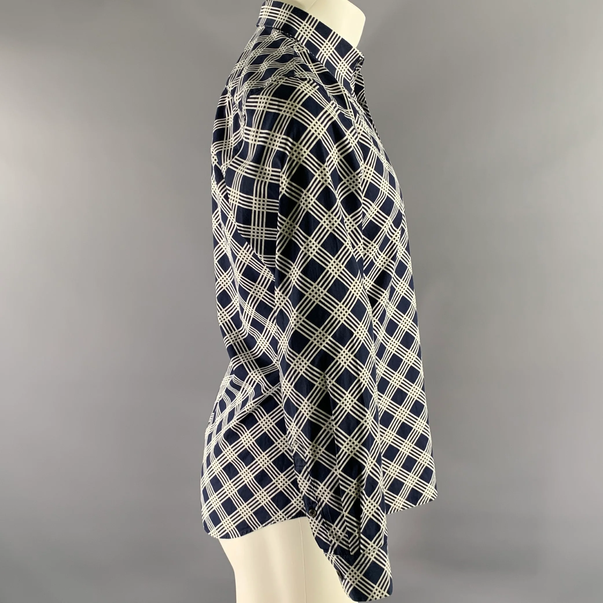 PRADA Size S Navy White Geometric Pointed Collar Long Sleeve Shirt - Image 3
