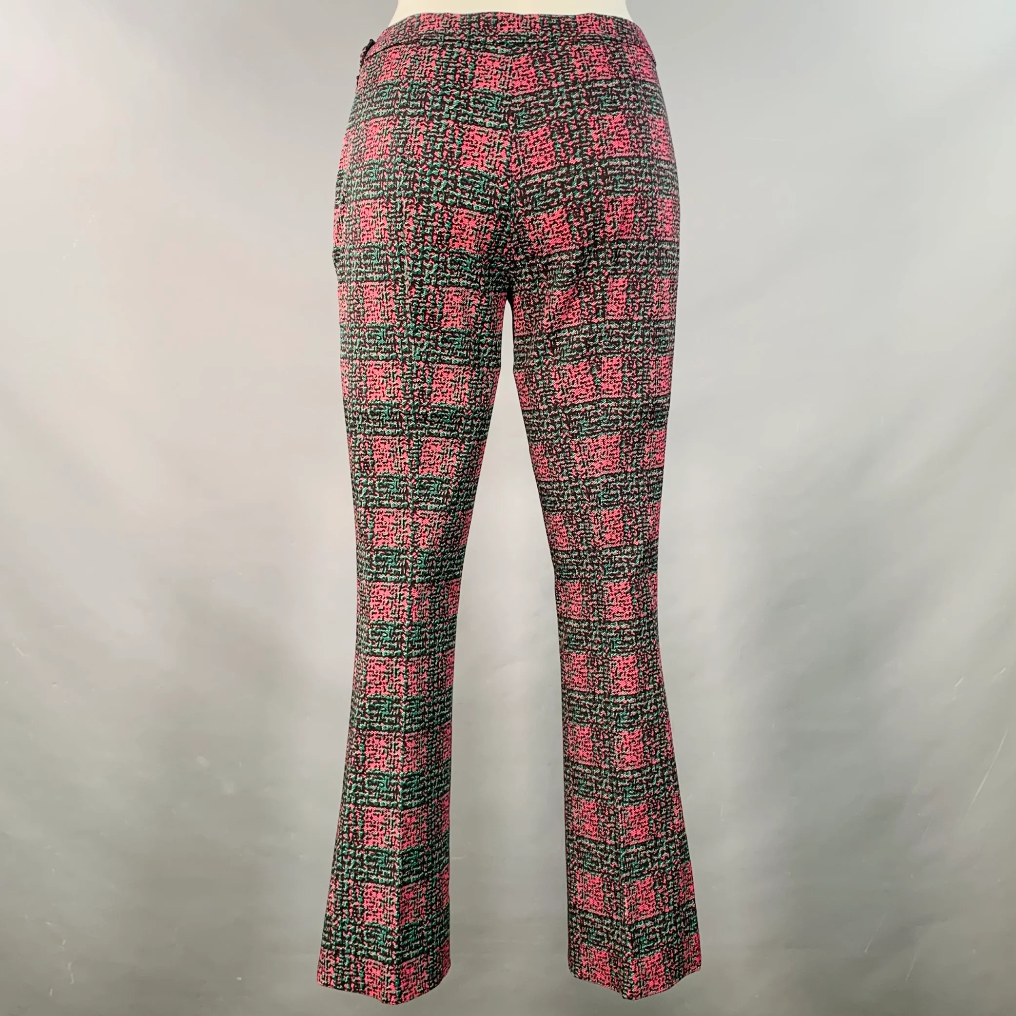 PRADA Size S Pink Teal Geometric Wool Blend Slim Fit Flared Dress Pants - Image 3