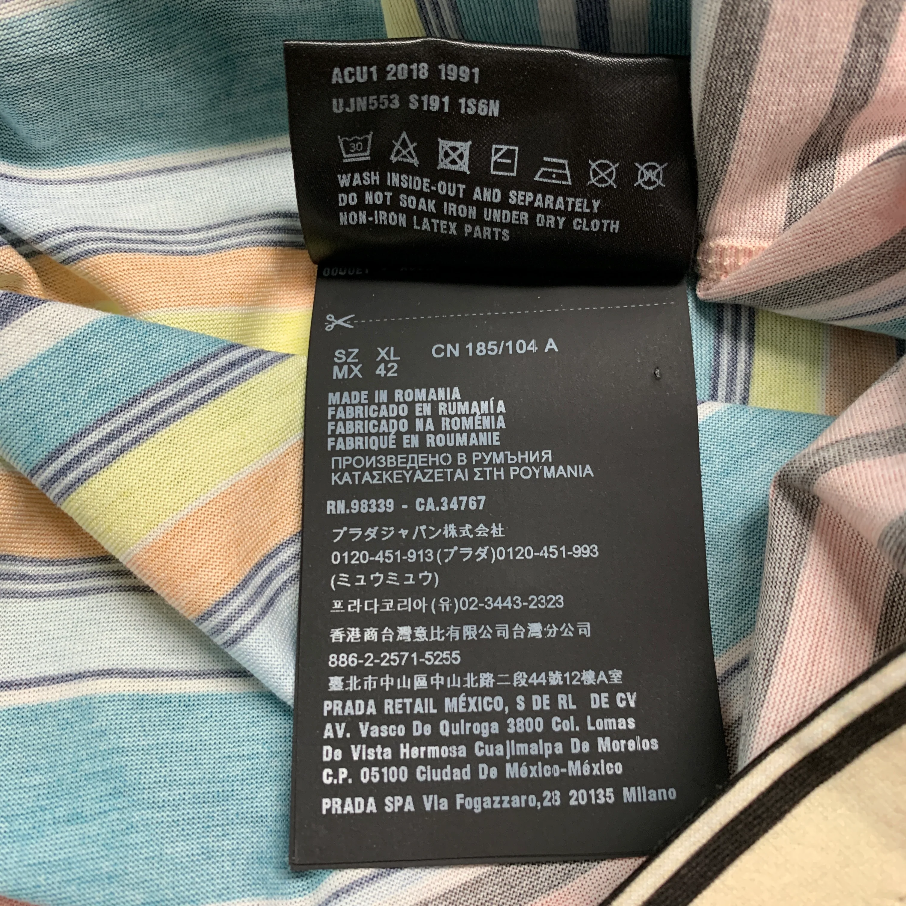 PRADA Size XL Black Multi-Color Stripe Cotton Crew Neck T-shirt - Image 8