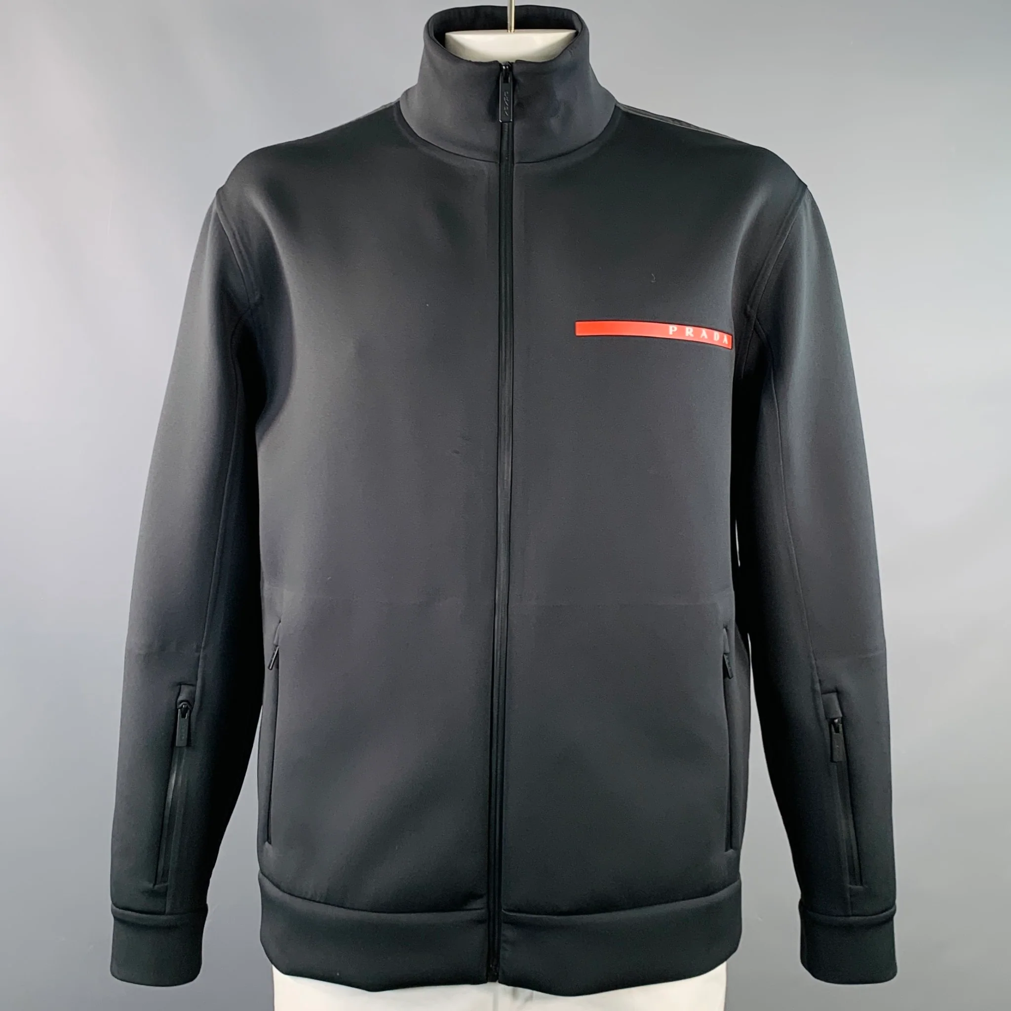 PRADA Size XXXL Black Red Logo Polyester Blend Technical Jersey Zip Up Jacket