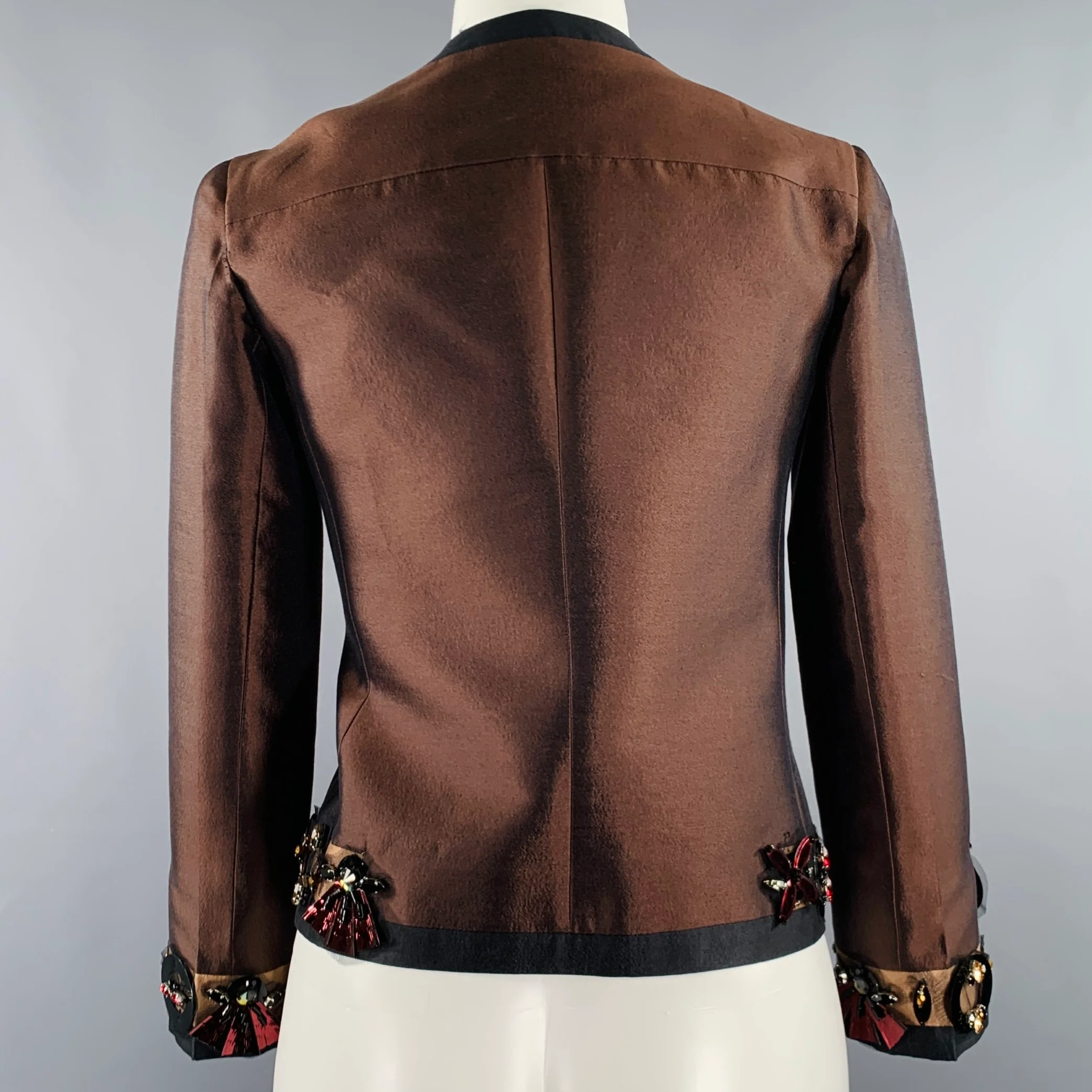 PRADA SS05 Size 2 Brown Black Wool Silk Embellishment Jacket Blazer - Image 5