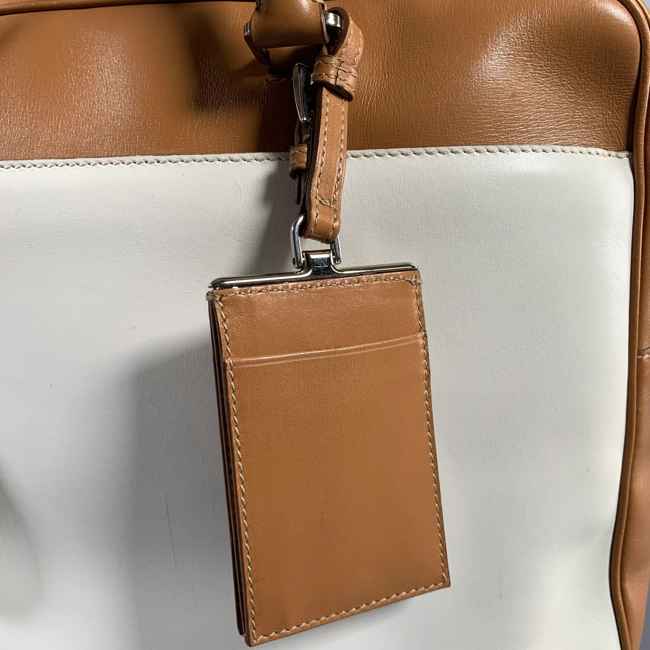 PRADA Tan Cream Color Block Leather Overnight Bags - Image 7