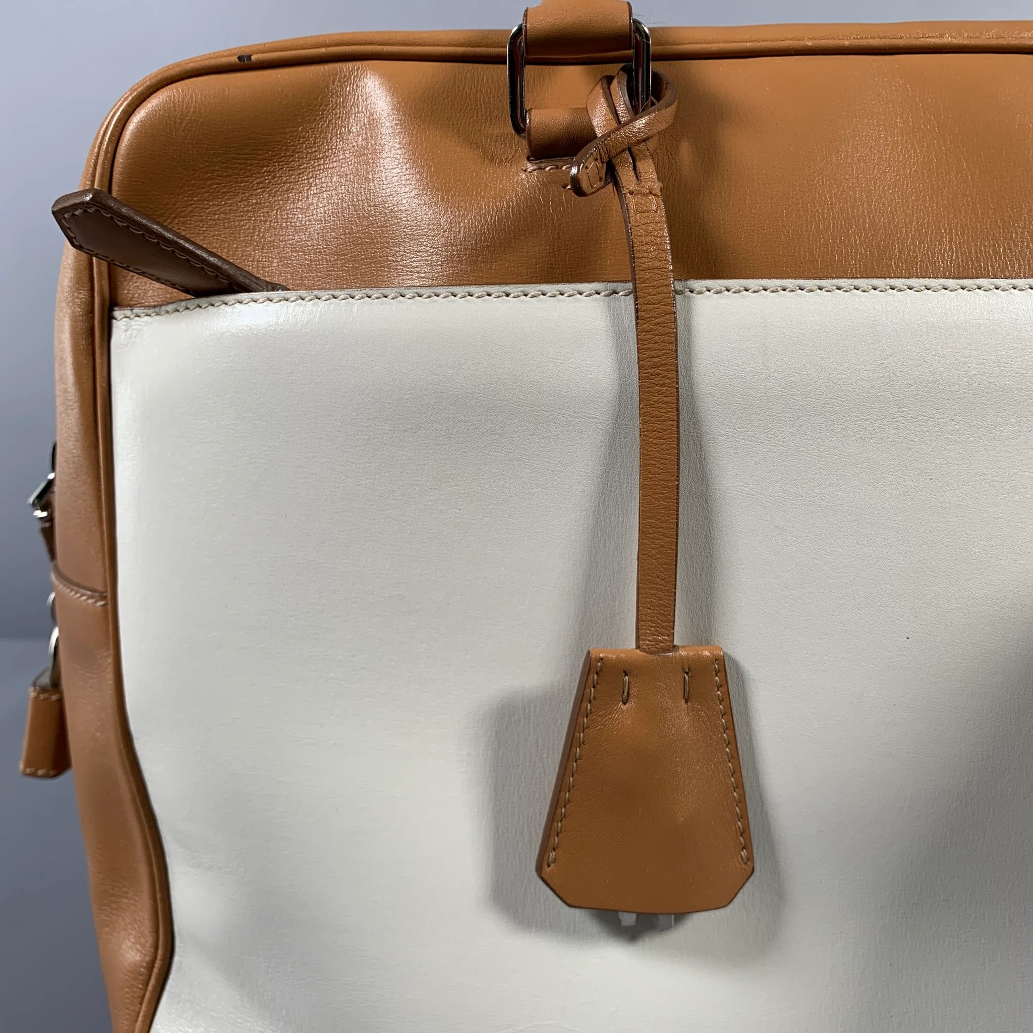 PRADA Tan Cream Color Block Leather Overnight Bags - Image 9