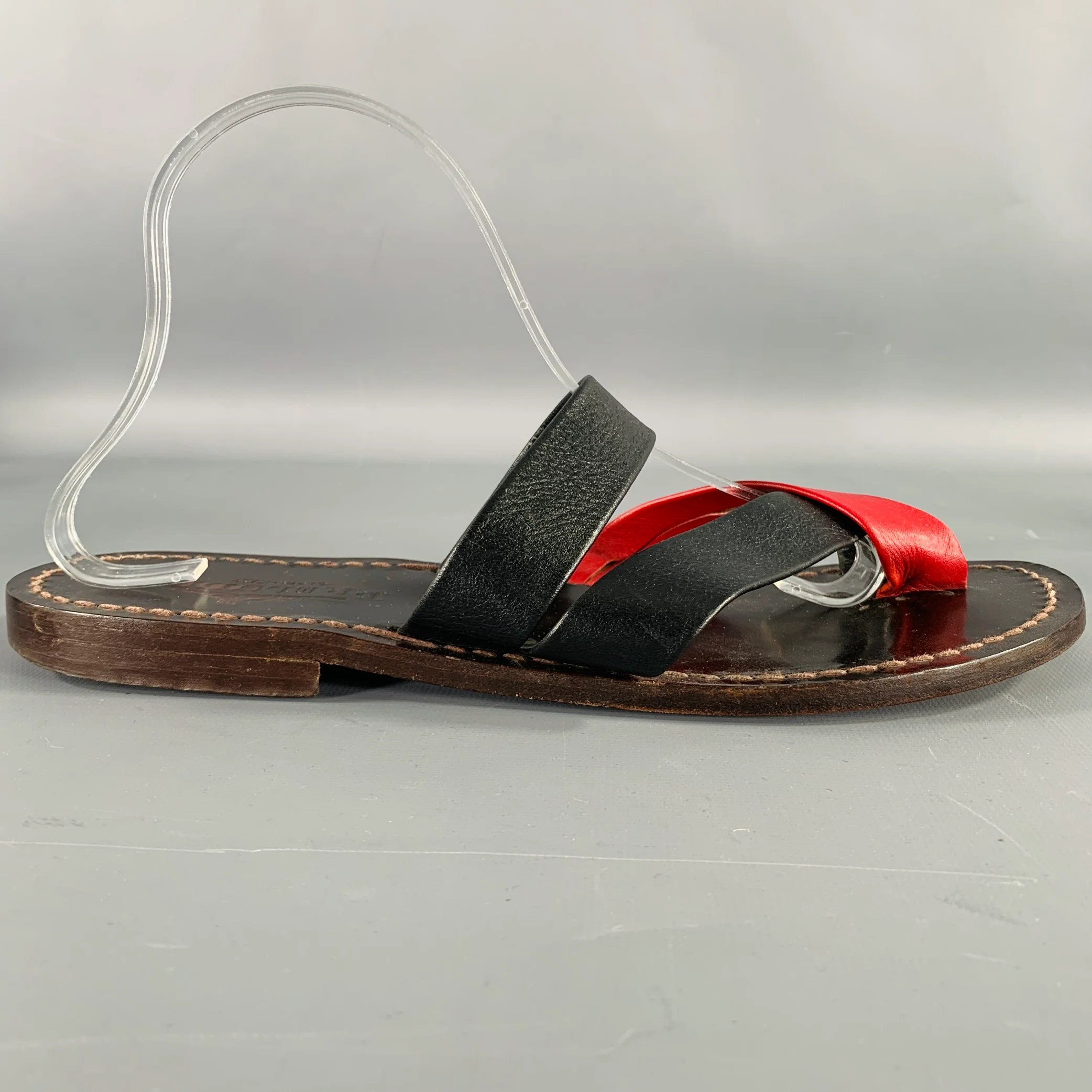 PRELUDIO Size 12 Black Red Leather Strappy Sandals - Image 2