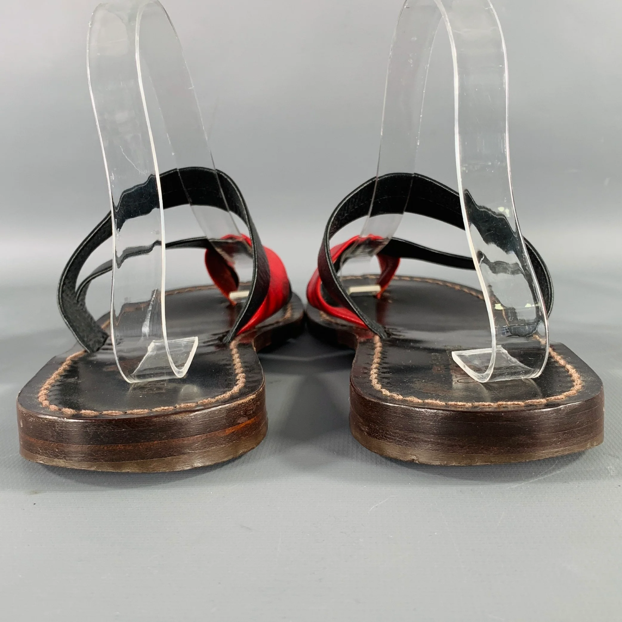 PRELUDIO Size 12 Black Red Leather Strappy Sandals - Image 3