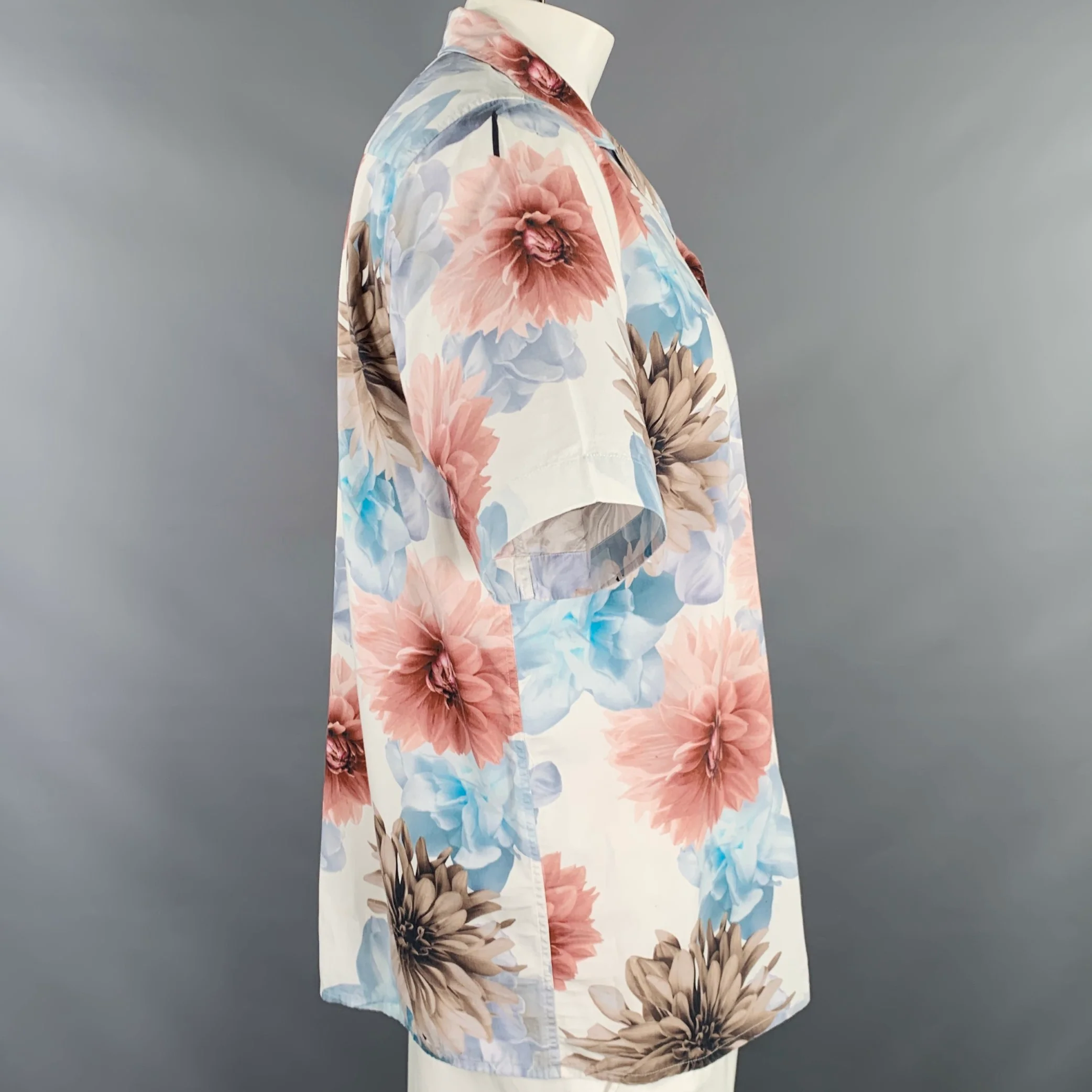 PRESIDENT's Size L White Pink Blue Floral Cotton One Pocket Short Sleeve Shirt - Image 2