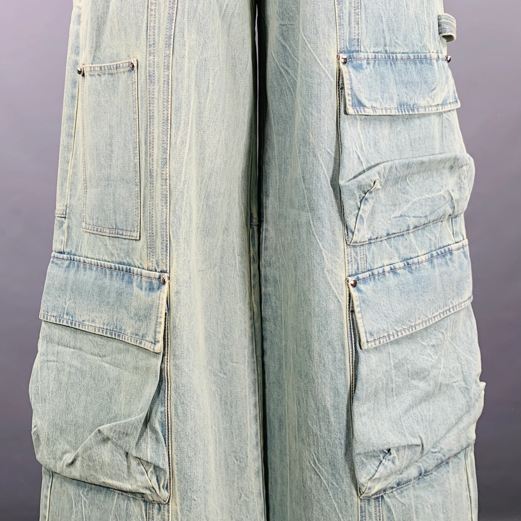 PRIVATE POLICY Size L Giant Cargo Blue Denim Acid Wash Baggy Casual Pants - Image 3