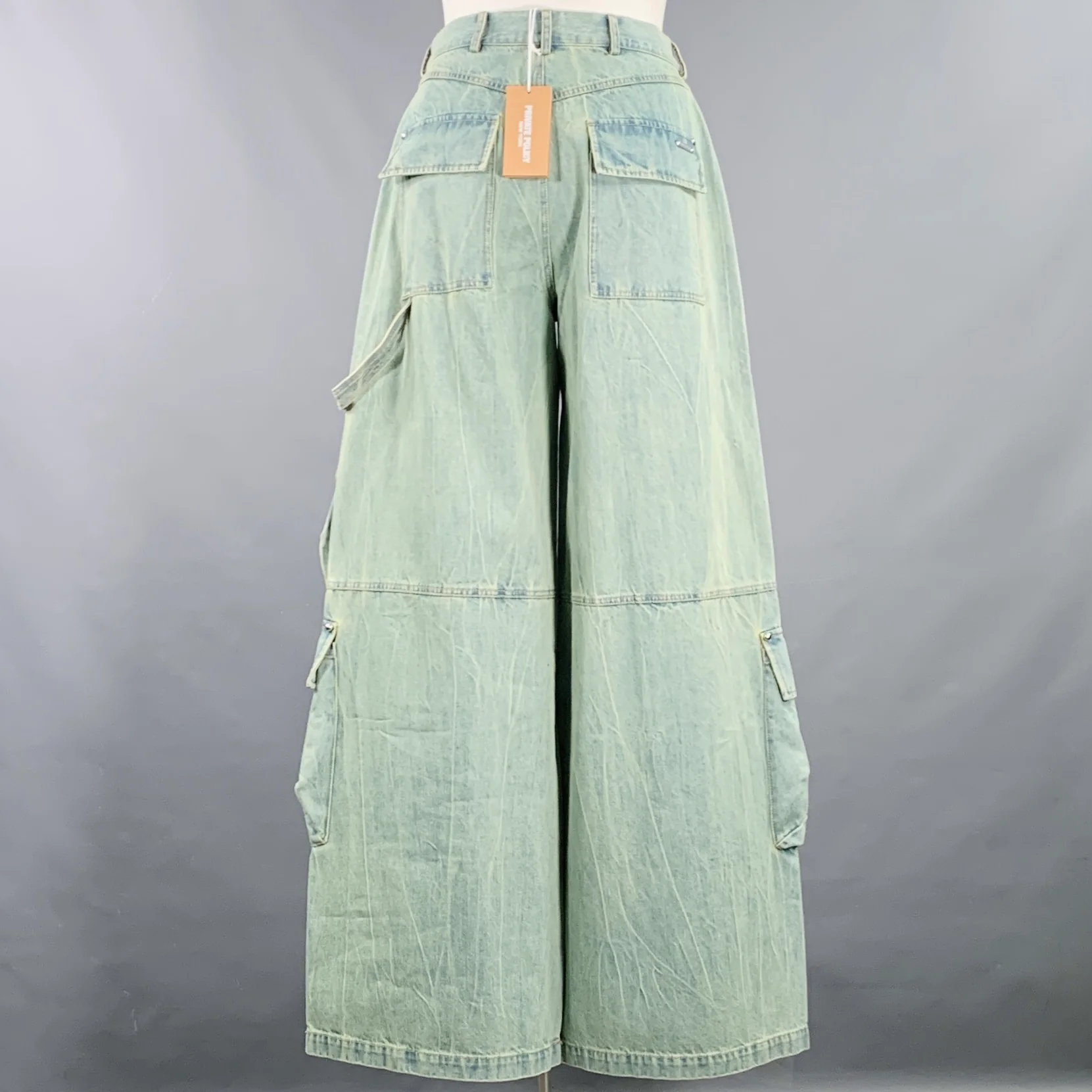 PRIVATE POLICY Size L Giant Cargo Blue Denim Acid Wash Baggy Casual Pants - Image 4