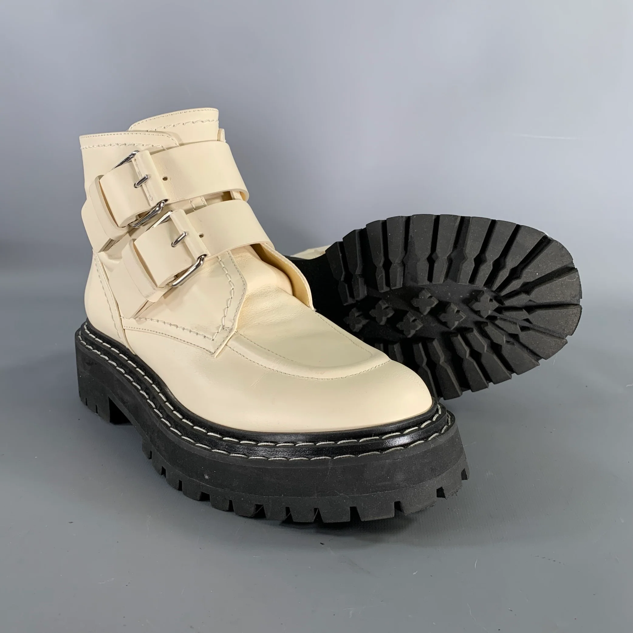PROENZA SCHOULER Size 9 Cream Black Leather Calf Buckle Boots - Image 5