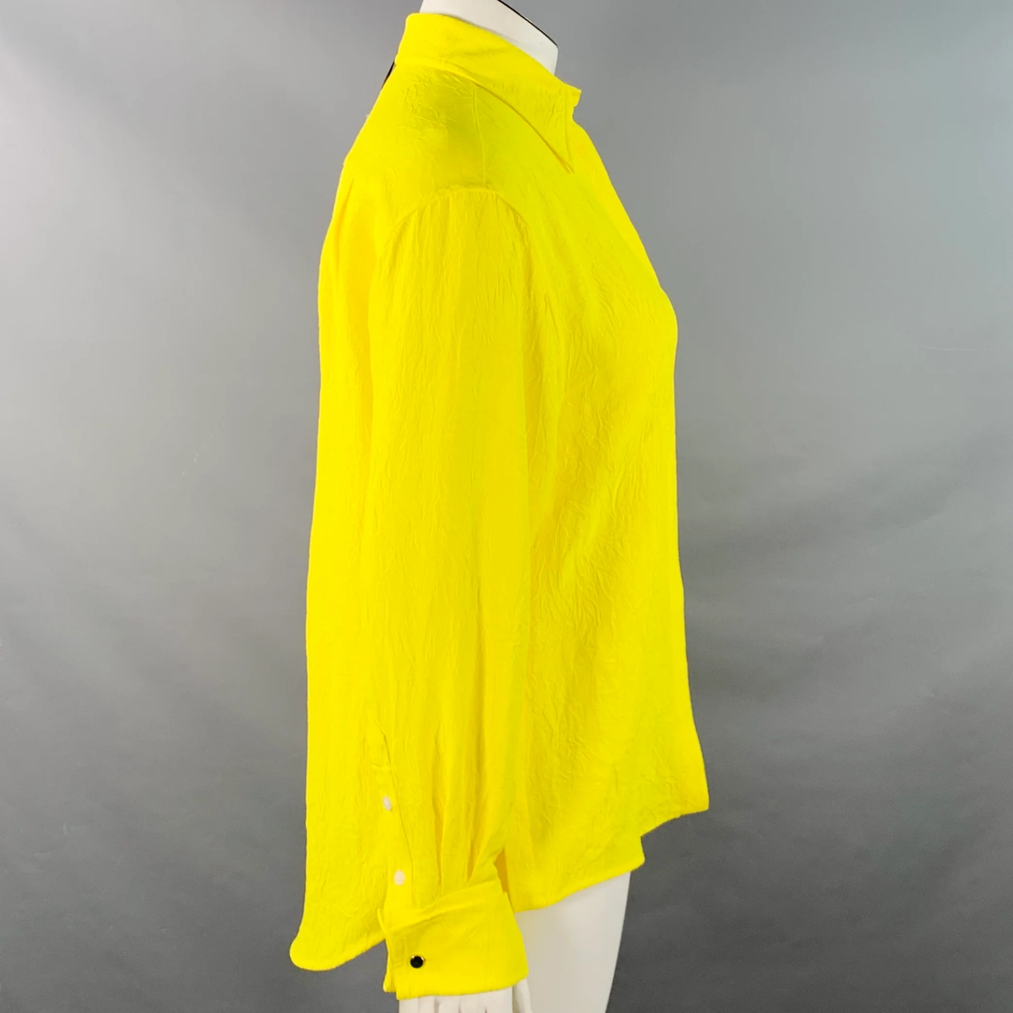PROENZA SCHOULER Size L Neon Yellow Wrinkled Acetate Hidden Placket Long Sleeve Shirt - Image 2