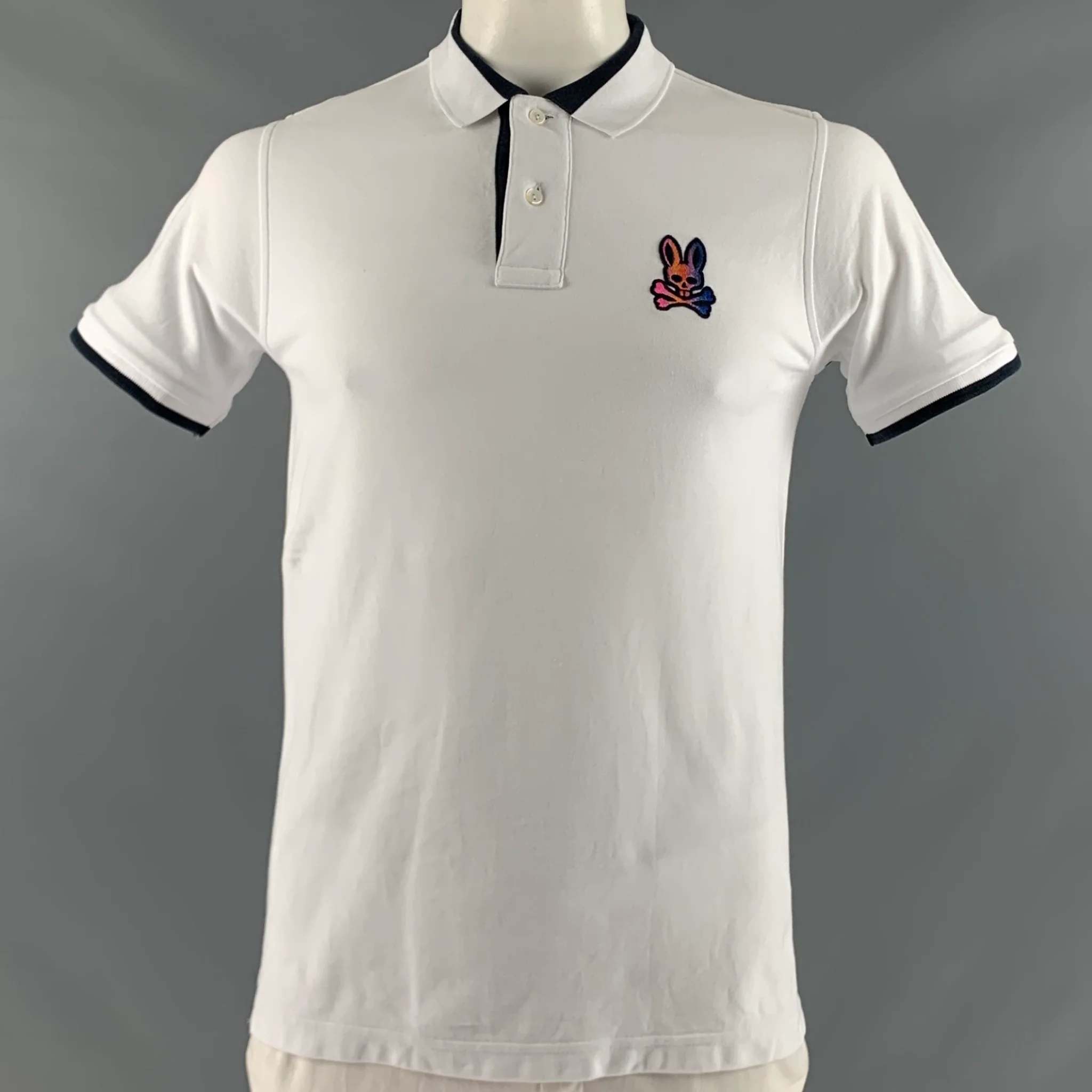 PSYCHO BUNNY Size L White Navy Embroidery Cotton Short Sleeve Polo