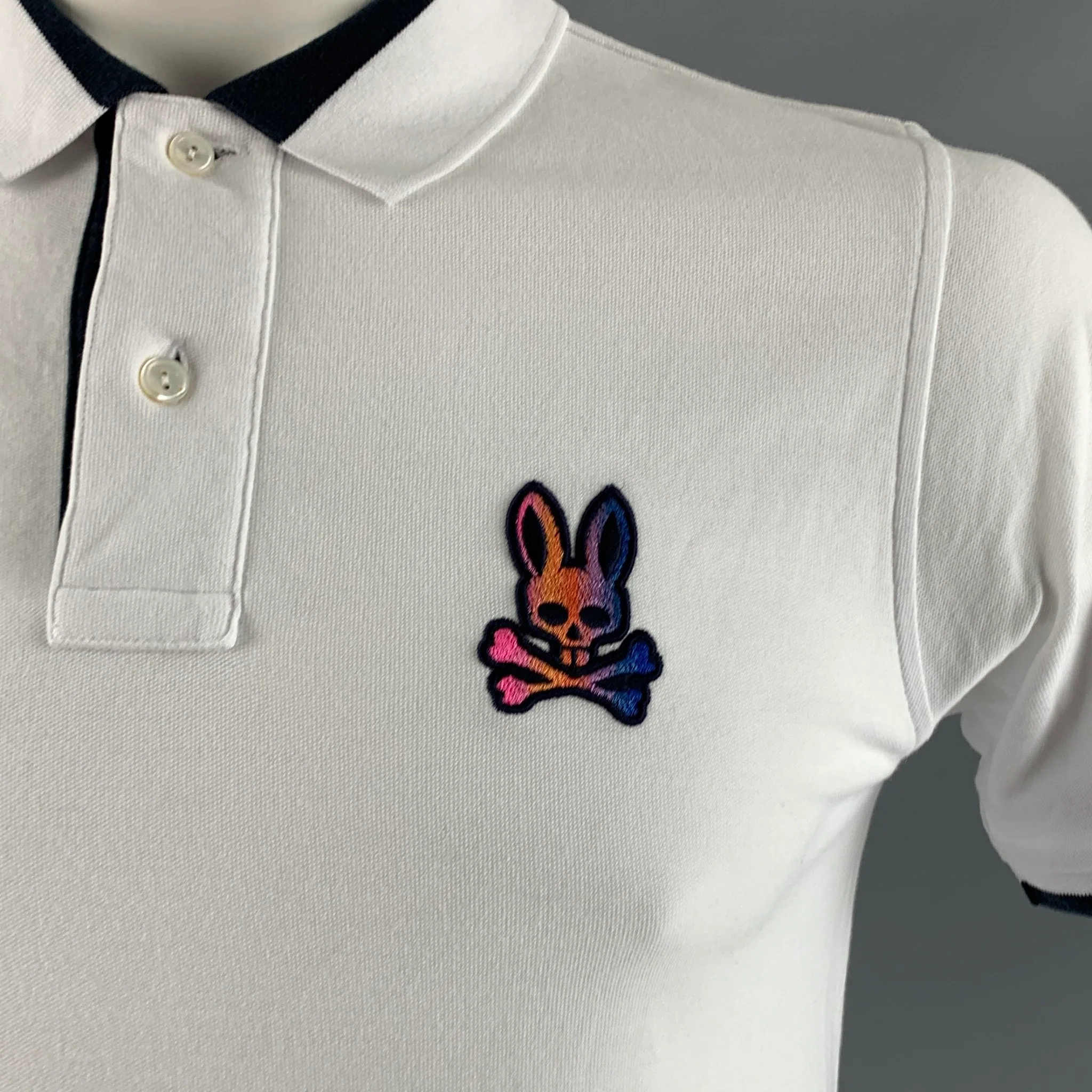 PSYCHO BUNNY Size L White Navy Embroidery Cotton Short Sleeve Polo - Image 2