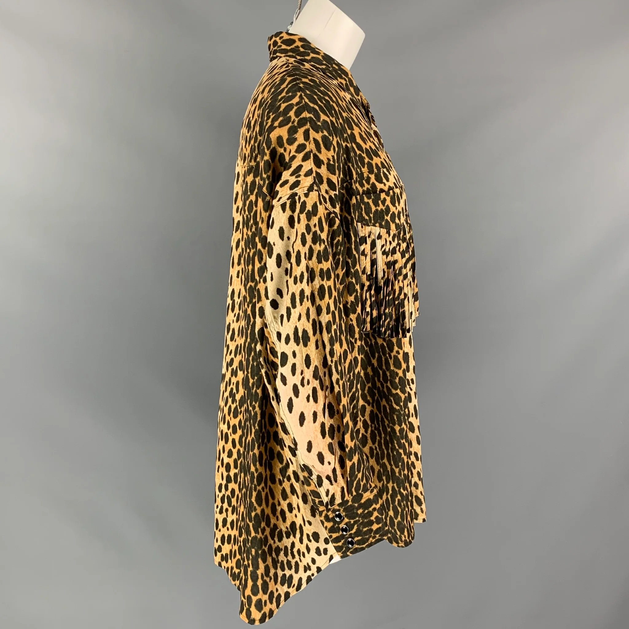 R13 Size XS Western Fringe Tan Brown Cotton Animal Print Oversized Shirt - Image 3