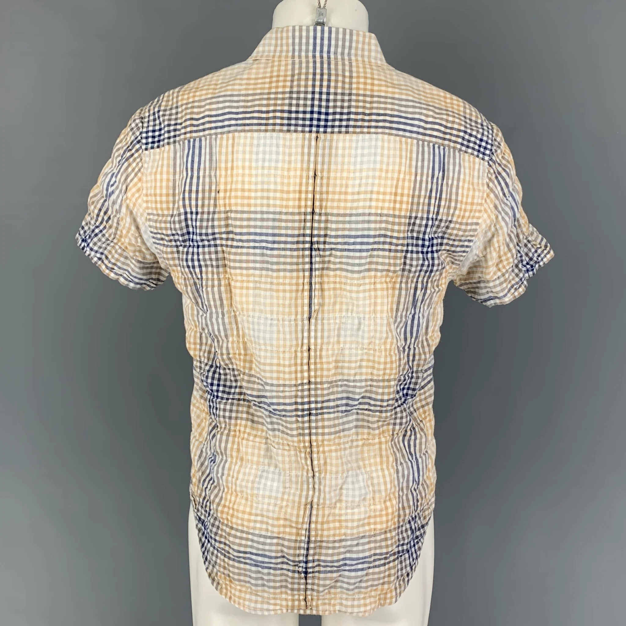 RAG & BONE Size L Navy Beige Checkered Cotton Short Sleeve Shirt - Image 3