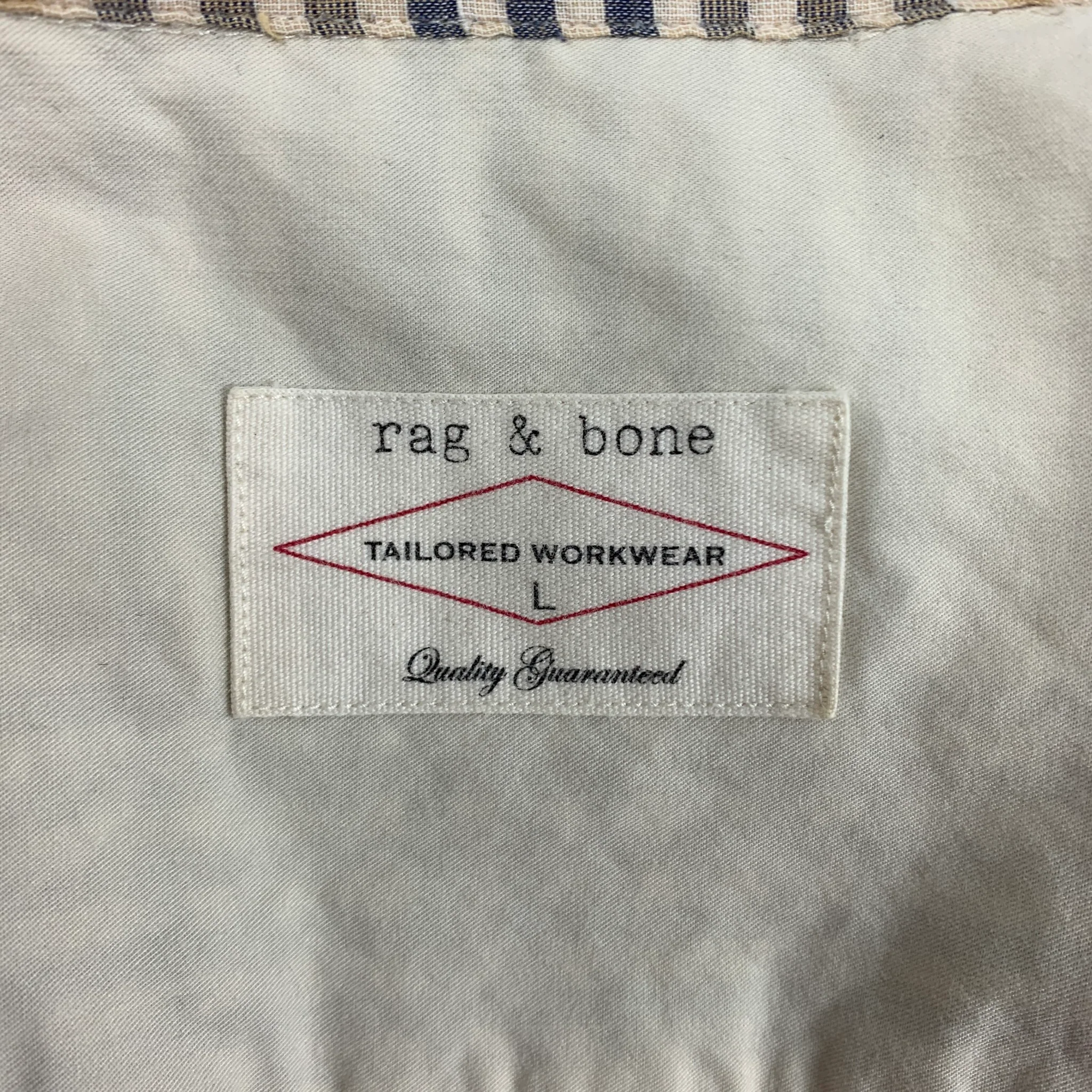 RAG & BONE Size L Navy Beige Checkered Cotton Short Sleeve Shirt - Image 5