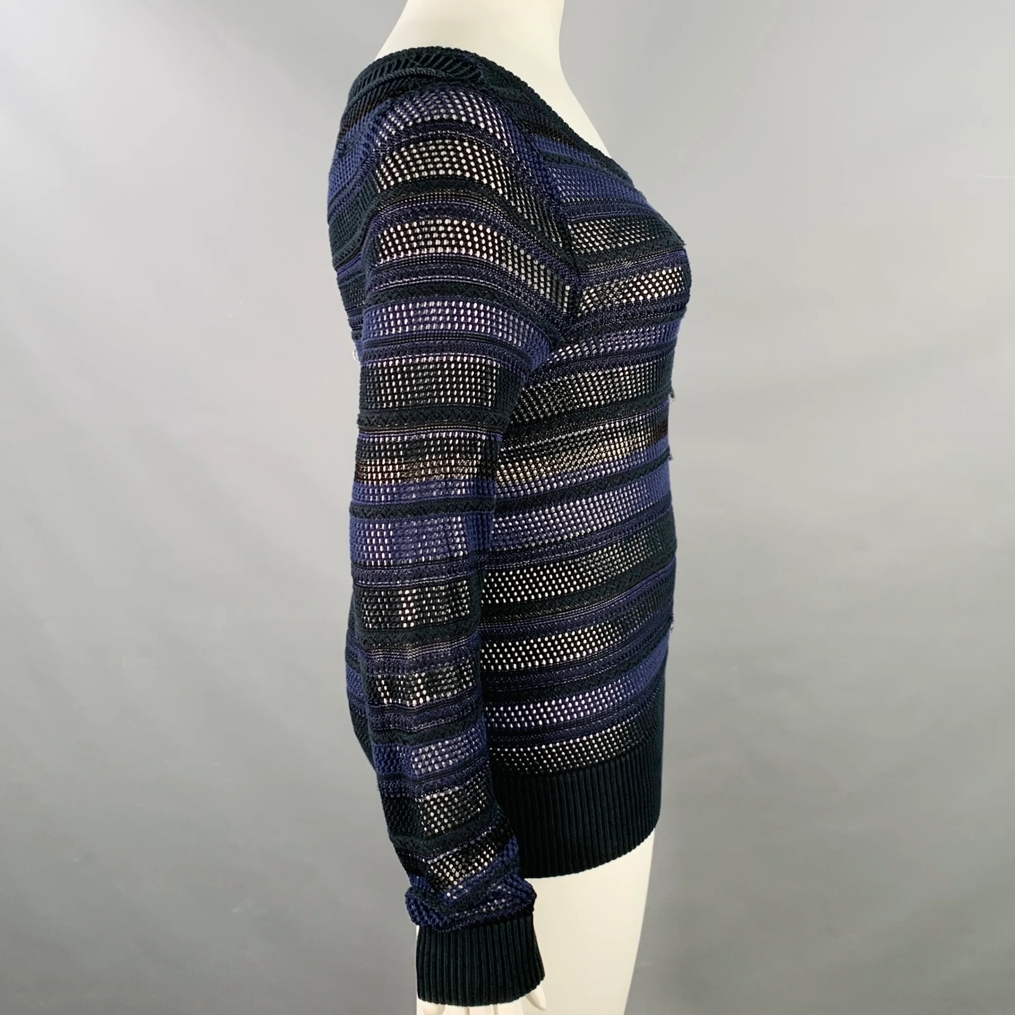 RAG & BONE Size L Navy Black Cotton Blend Textured Stripe Open Knit Pullover - Image 3