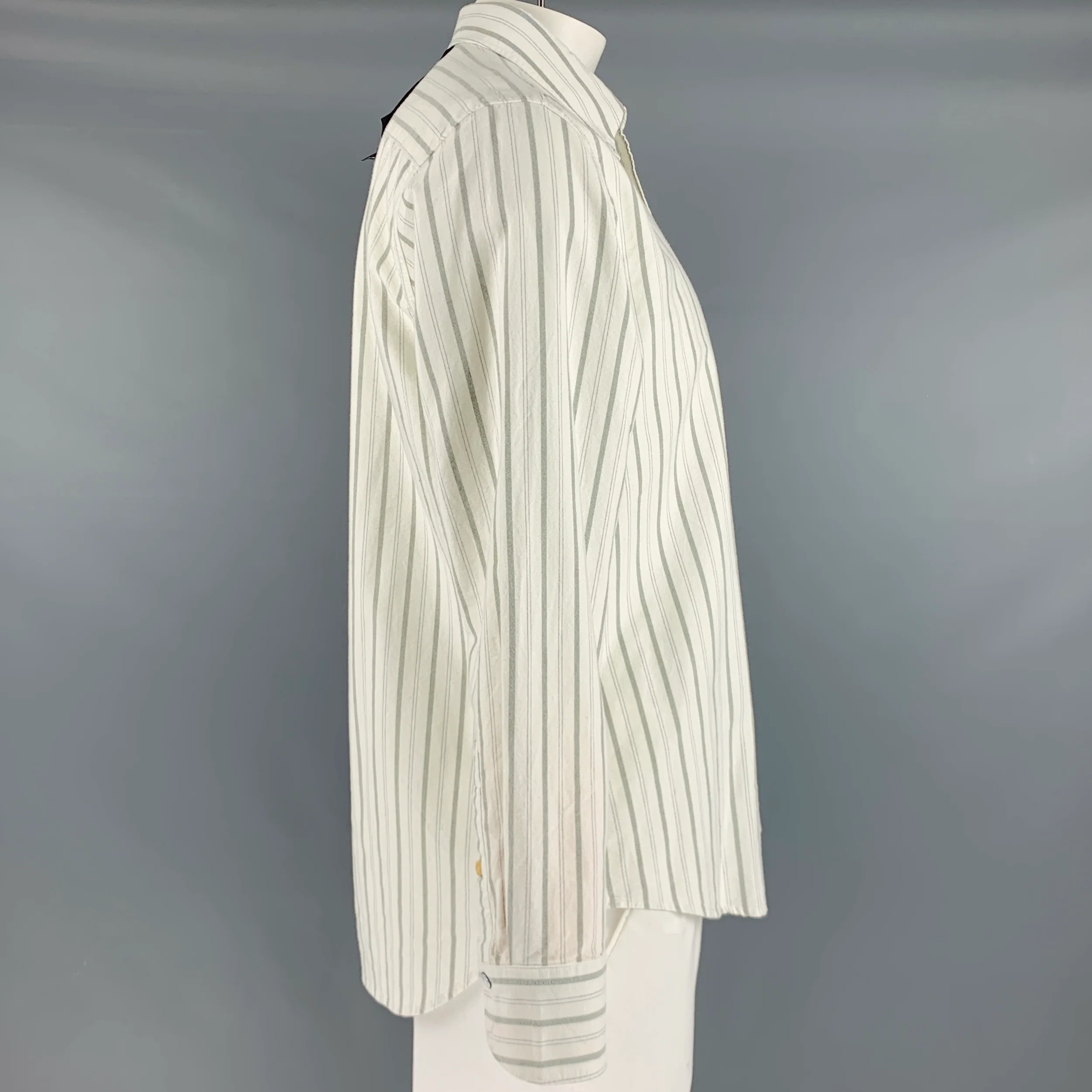 RAG & BONE Size XL White Green Stripe Cotton Long Sleeve Shirt - Image 3