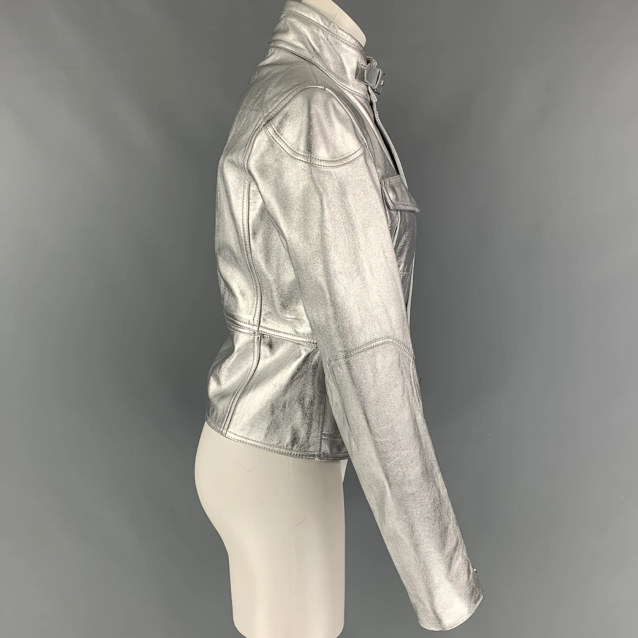 RALPH LAUREN Black Label Size M Silver Leather Metallic Lambskin Jacket - Image 2