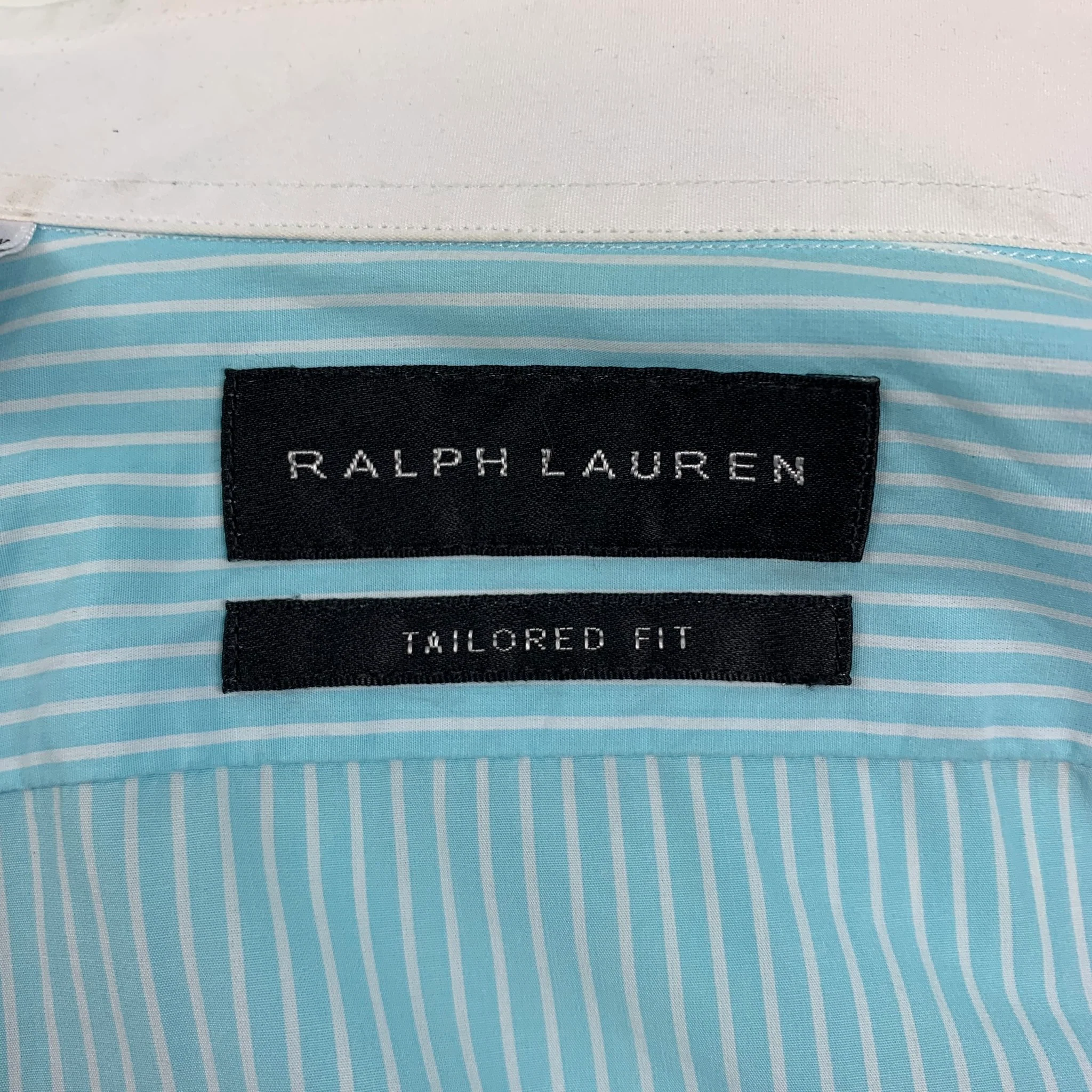 RALPH LAUREN Black Label Size S Aqua Stripe Cotton White Collar Long Sleeve Shirt - Image 5