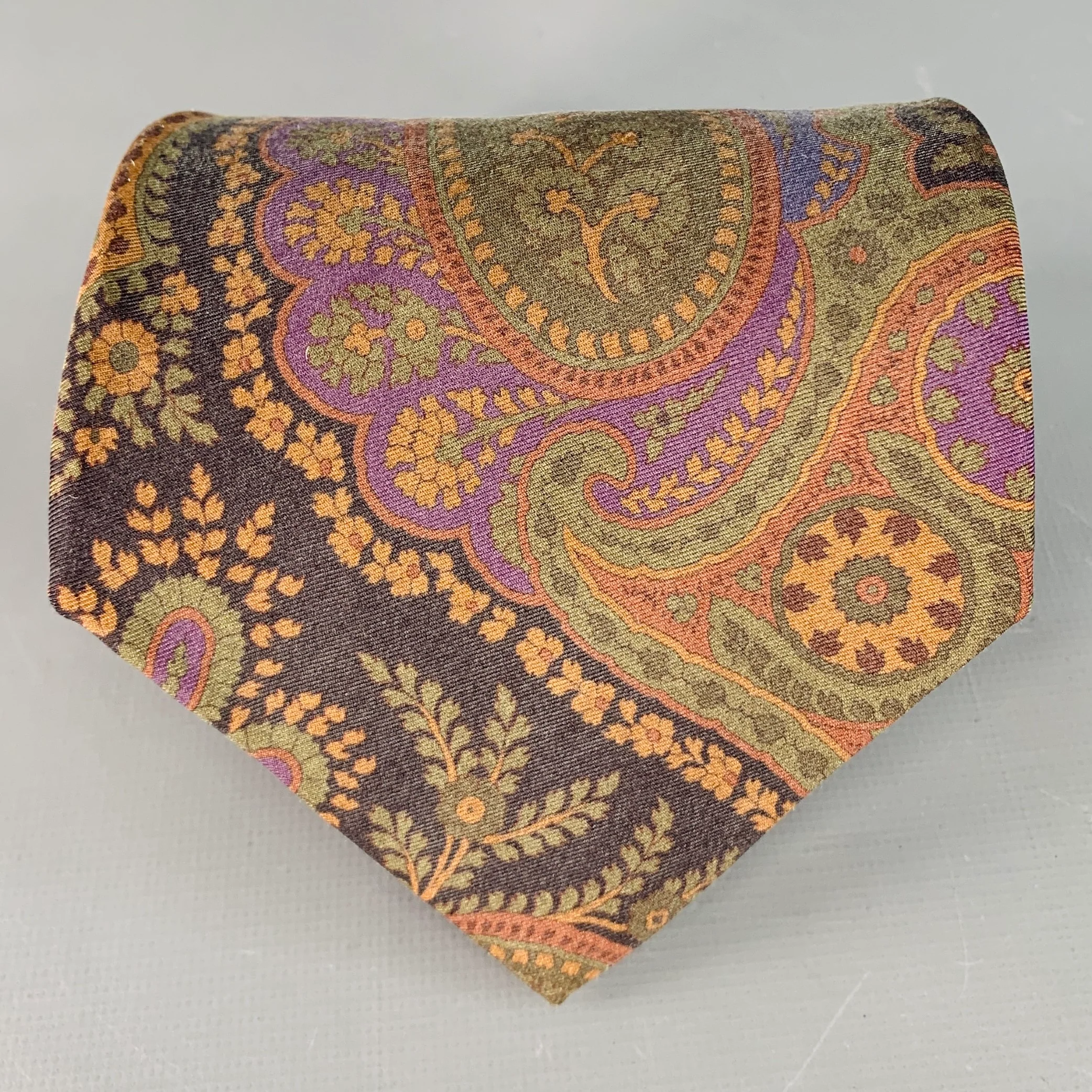 RALPH LAUREN Brown Forest Green Paisley Silk Twill Tie