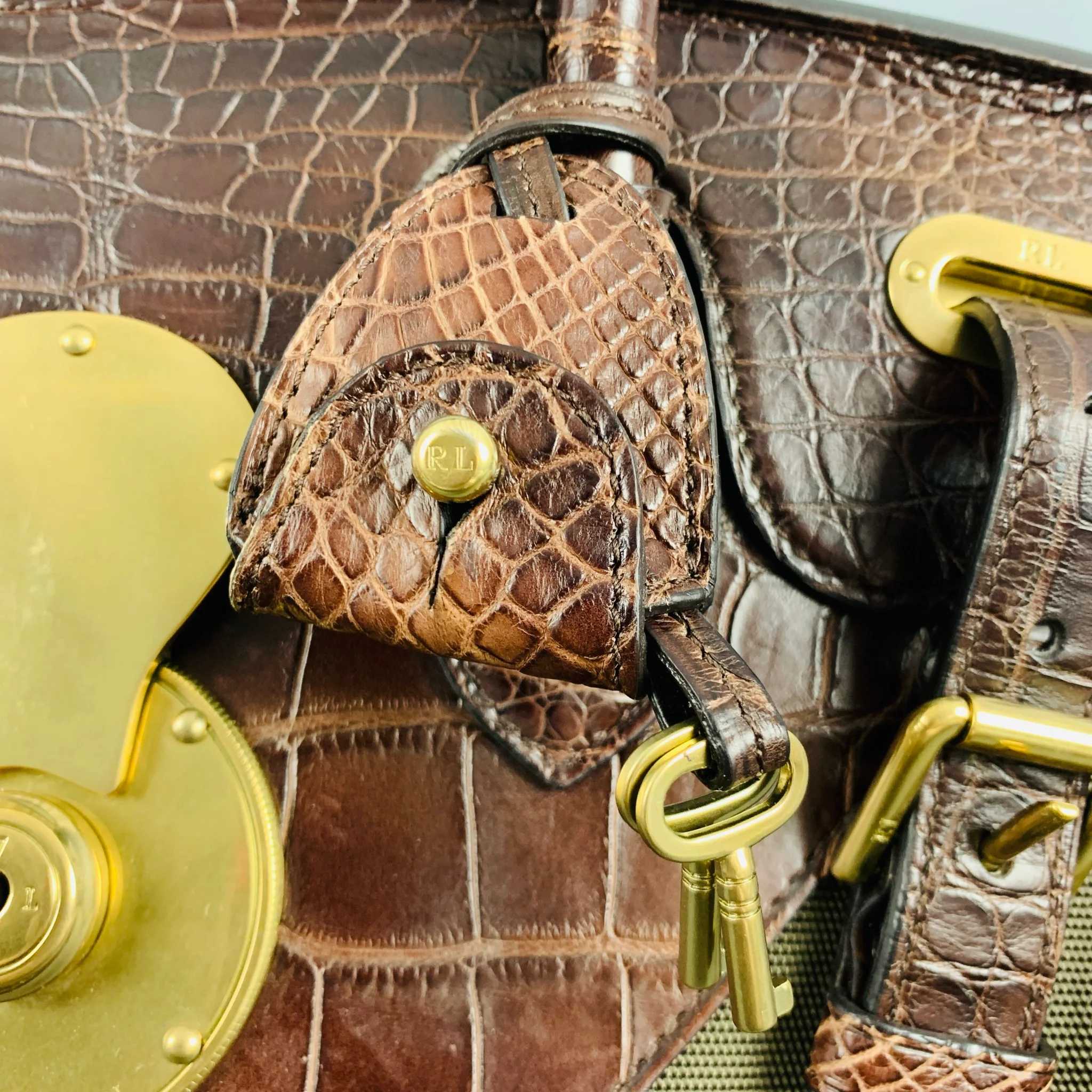 RALPH LAUREN Brown Olive Mixed Materials Alligator Nylon Handbag - Image 2