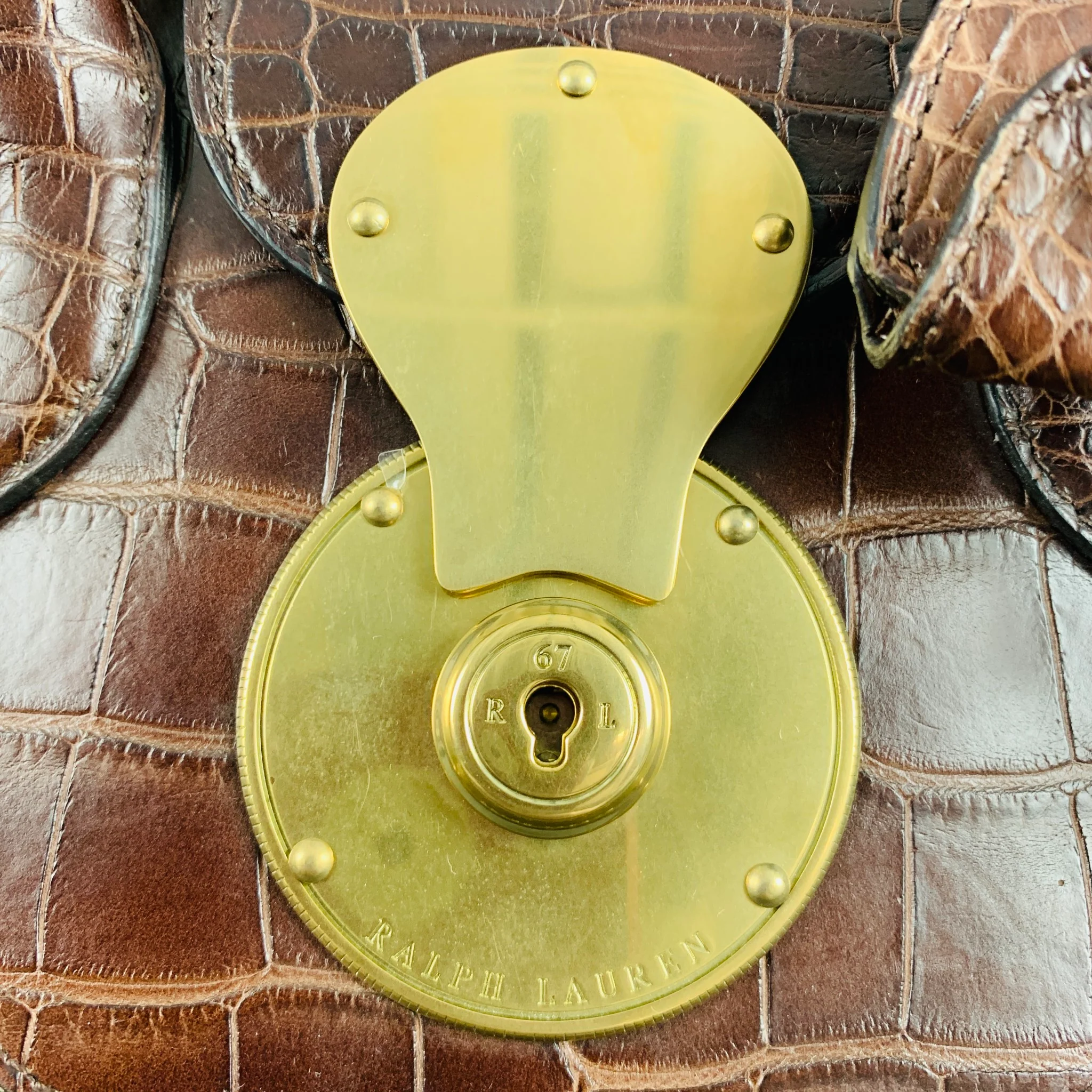 RALPH LAUREN Brown Olive Mixed Materials Alligator Nylon Handbag - Image 3