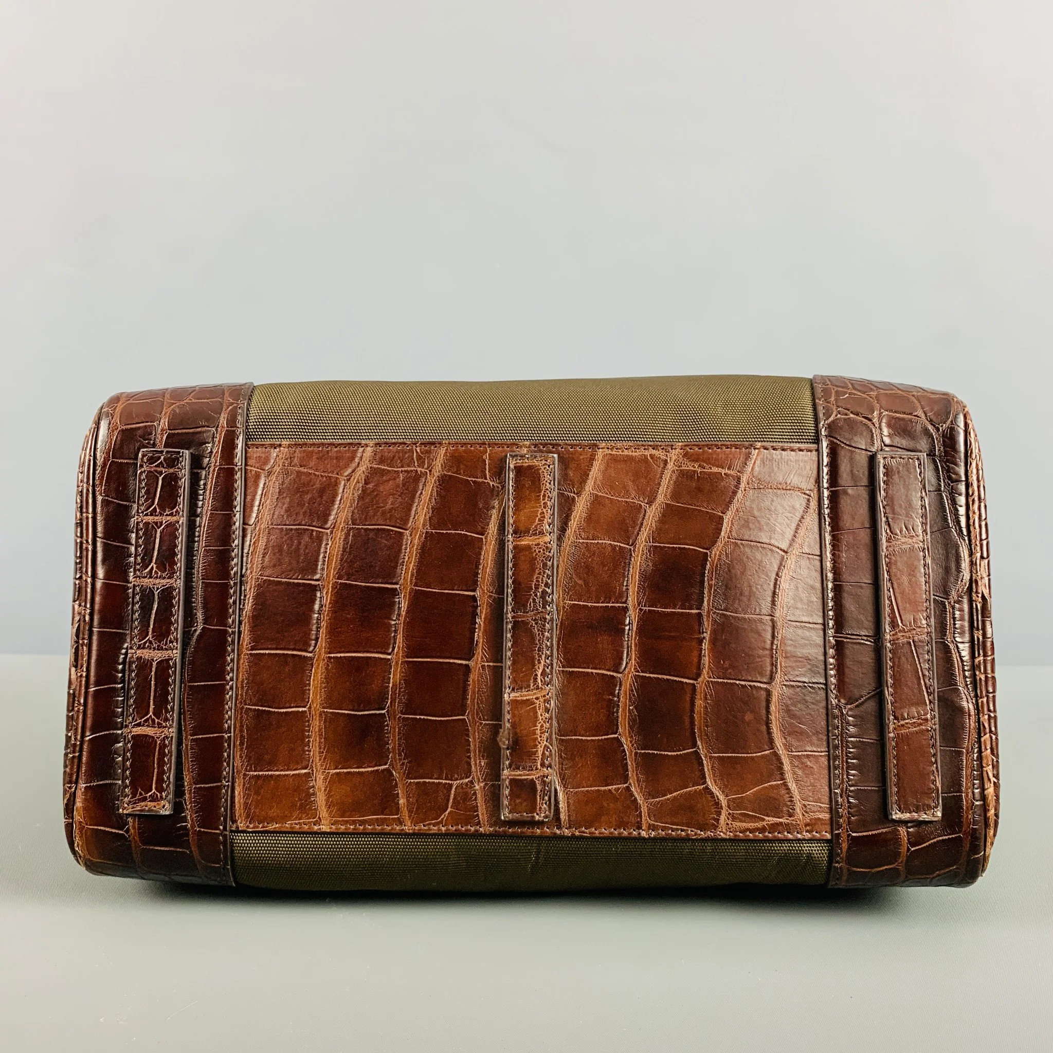 RALPH LAUREN Brown Olive Mixed Materials Alligator Nylon Handbag - Image 7