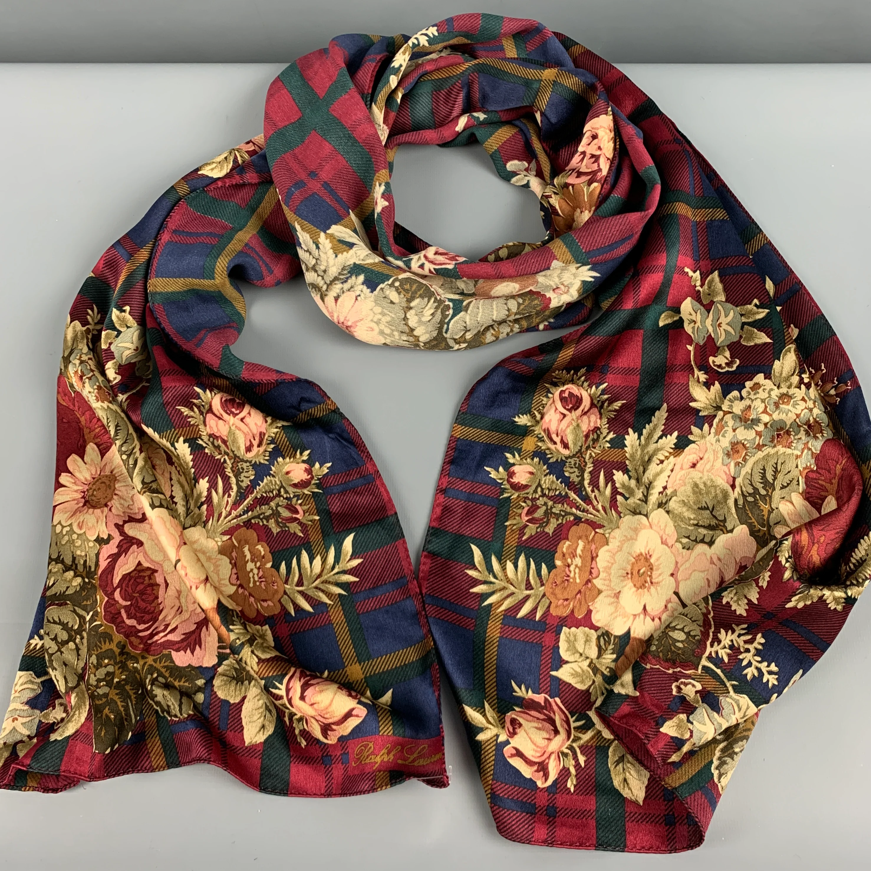 RALPH LAUREN Burgundy Multi Color Plaid Floral Scarf