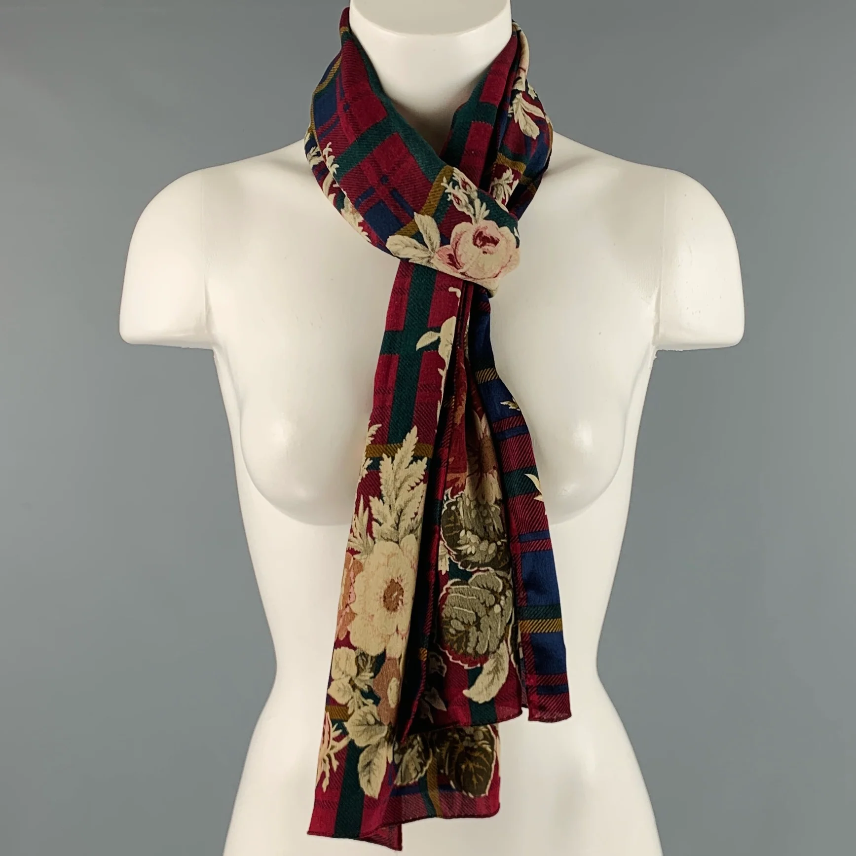 RALPH LAUREN Burgundy Multi Color Plaid Floral Scarf - Image 4