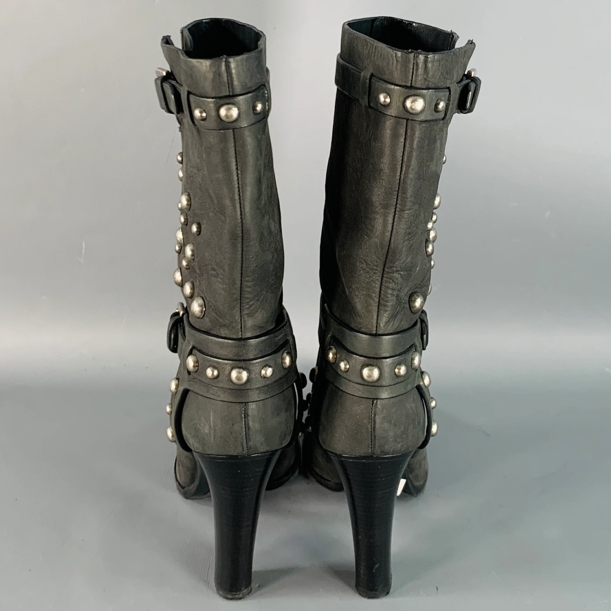 RALPH LAUREN COLLECTION Size 8.5 Black Studded Stacked Heel Pull On Boots - Image 3
