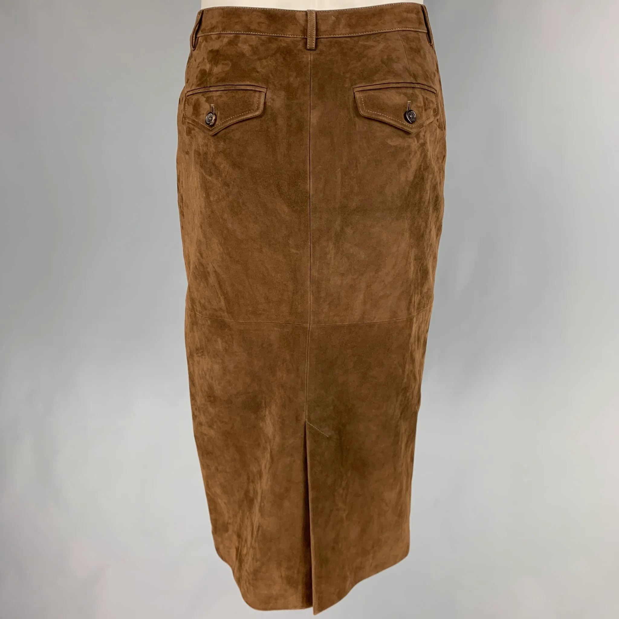 RALPH LAUREN COLLECTION Size 8 Brown Suede Pencil Mid-Calf Skirt - Image 2
