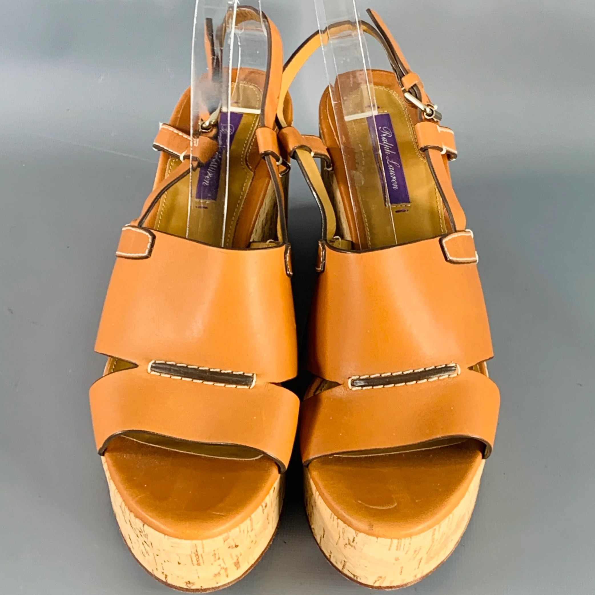 RALPH LAUREN Size 10 Tan Beige Leather Slingback Platform Wedge Sandals - Image 4