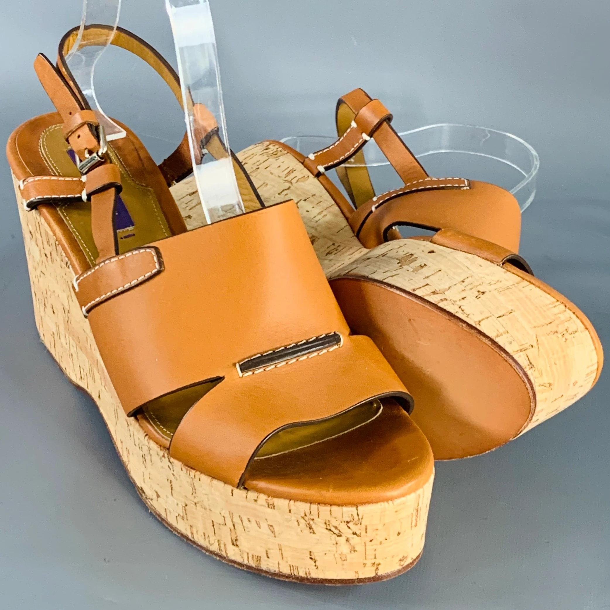 RALPH LAUREN Size 10 Tan Beige Leather Slingback Platform Wedge Sandals - Image 5