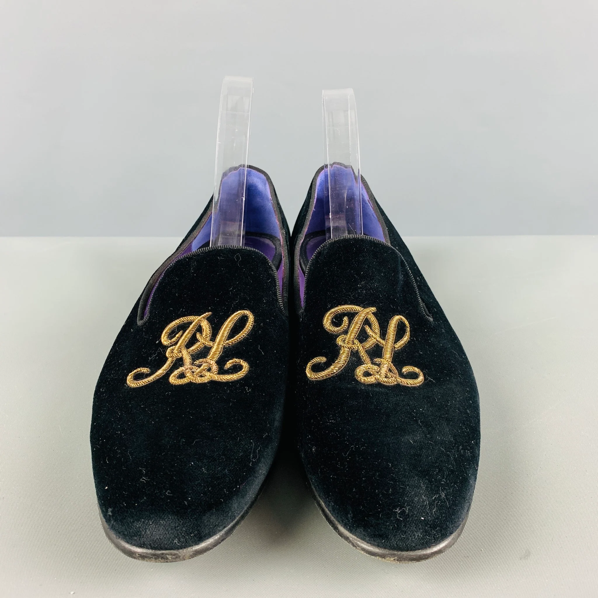 RALPH LAUREN Size 11 Black Gold Velvet Embroidered Loafer Flats - Image 4