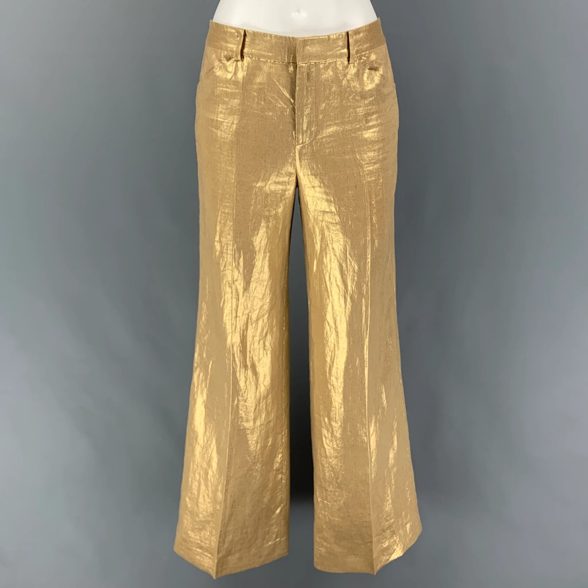 RALPH LAUREN Size 2 Gold Linen Metallic Notch Lapel Pants Suit - Image 4