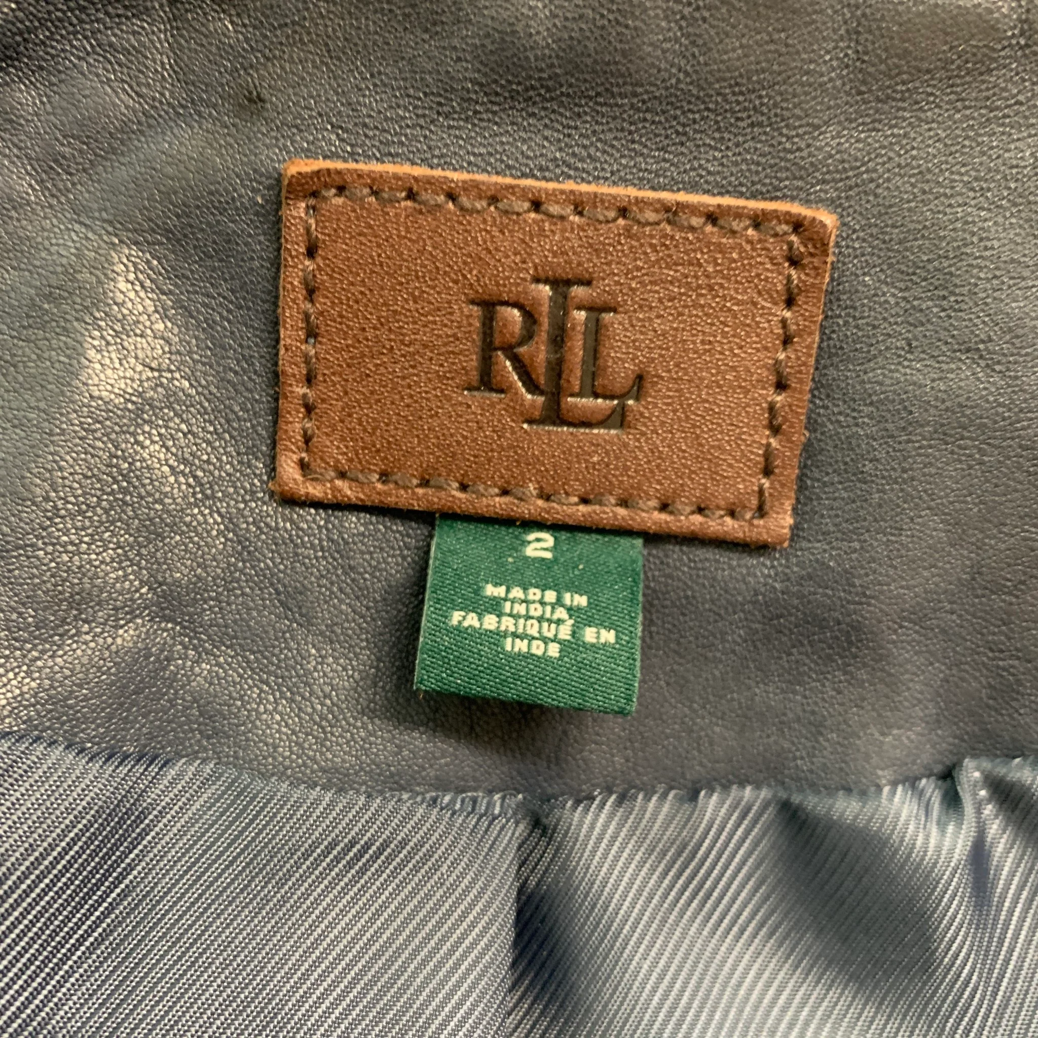 RALPH LAUREN Size 2 Navy Leather Trucker Jacket - Image 4